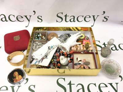 A collection of costume jewellery including rings, necklaces etc, ceramic cottage rose hand.