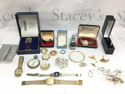 Collection of mixed costume jewellery and watches including some silver items.