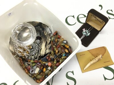 A Collection of Scottish costume Jewellery including brooches, cufflinks, paperweight, borrowdale dish, tie clips etc