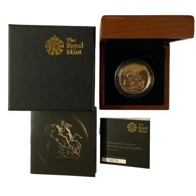 A Five Sovereign 2014 piece, (Quintuple sovereign), 39.94g. BUNC.