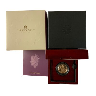 A 2023 Charles III Coronation design Piedfort gold proof sovereign.