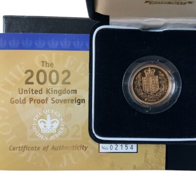 A Royal Mint 2002 gold proof sovereign.