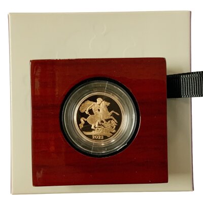 A Royal Mint issue 2023 Coronation issue gold proof sovereign. King Charles III portrait.