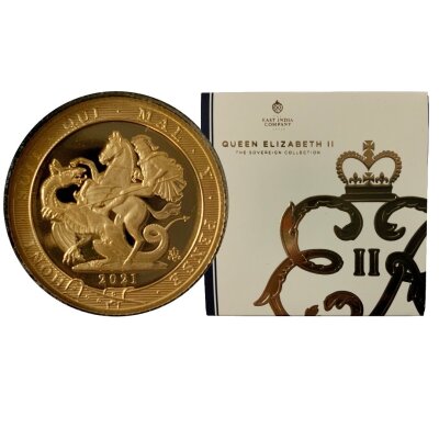 East India company issue, 2021 Queen Elizabeth II gold proof coin, St Helena, George & The Dragon Motif.