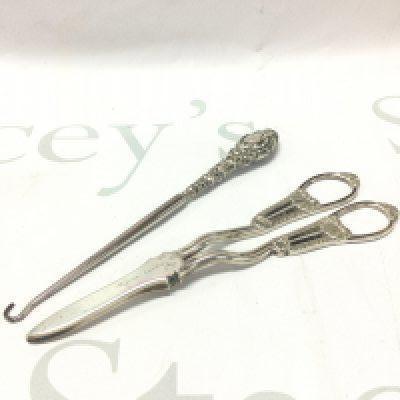 A pair of silver Asprey London grape scissors, silver handled button hook NO RESERVE