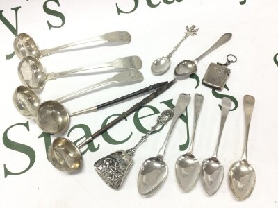 A collection of silver spoons to include two Balue handled ladels, three Scottish silver 1830 ladels, additional spoons and a Vesta case