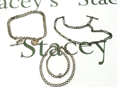 Three watch chains , one being silver hallmarked