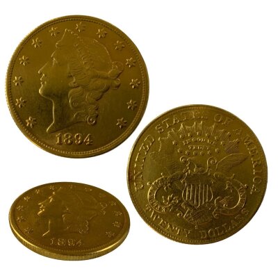 An 1894 $20 Dollar gold piece (possible re-strike), XRF displays 21.1ct, approx 32g, in a 9ct gold coin mount, overall weight 37.47g..