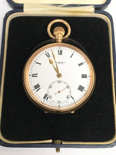 A cased JW Benson 9ct gold pocket watch.