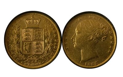 An 1885 Shield back Young head Queen Victoria full sovereign.