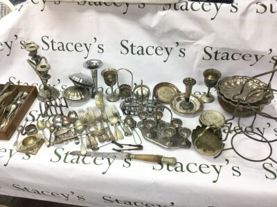A collection of silver plate, silver and white metal items including cutlery dishes etc