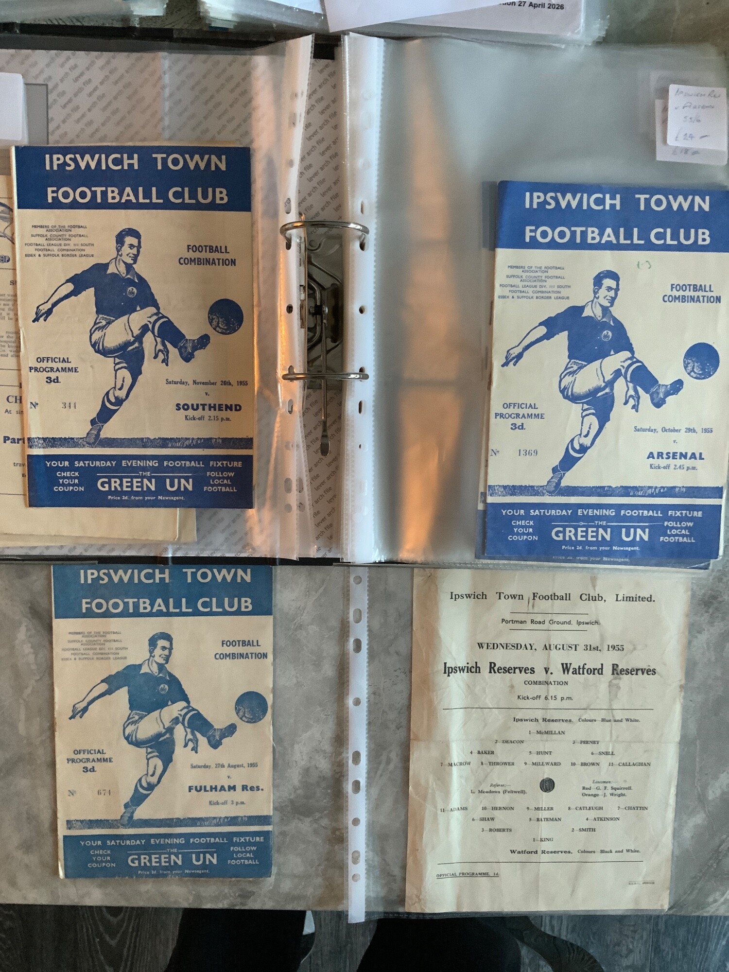1950s Ipswich Town Home Reserves Football Programmes: From 1955/56 to 59/60 housed in collectors folder. Includes single sheets v 55/56 Watford and 56/57 Southampton. Excellent condition with 19 x 55/56, 10 x 56/57, 12 x 57/58, 15 x 58/59, 9 x 59/60. (65)