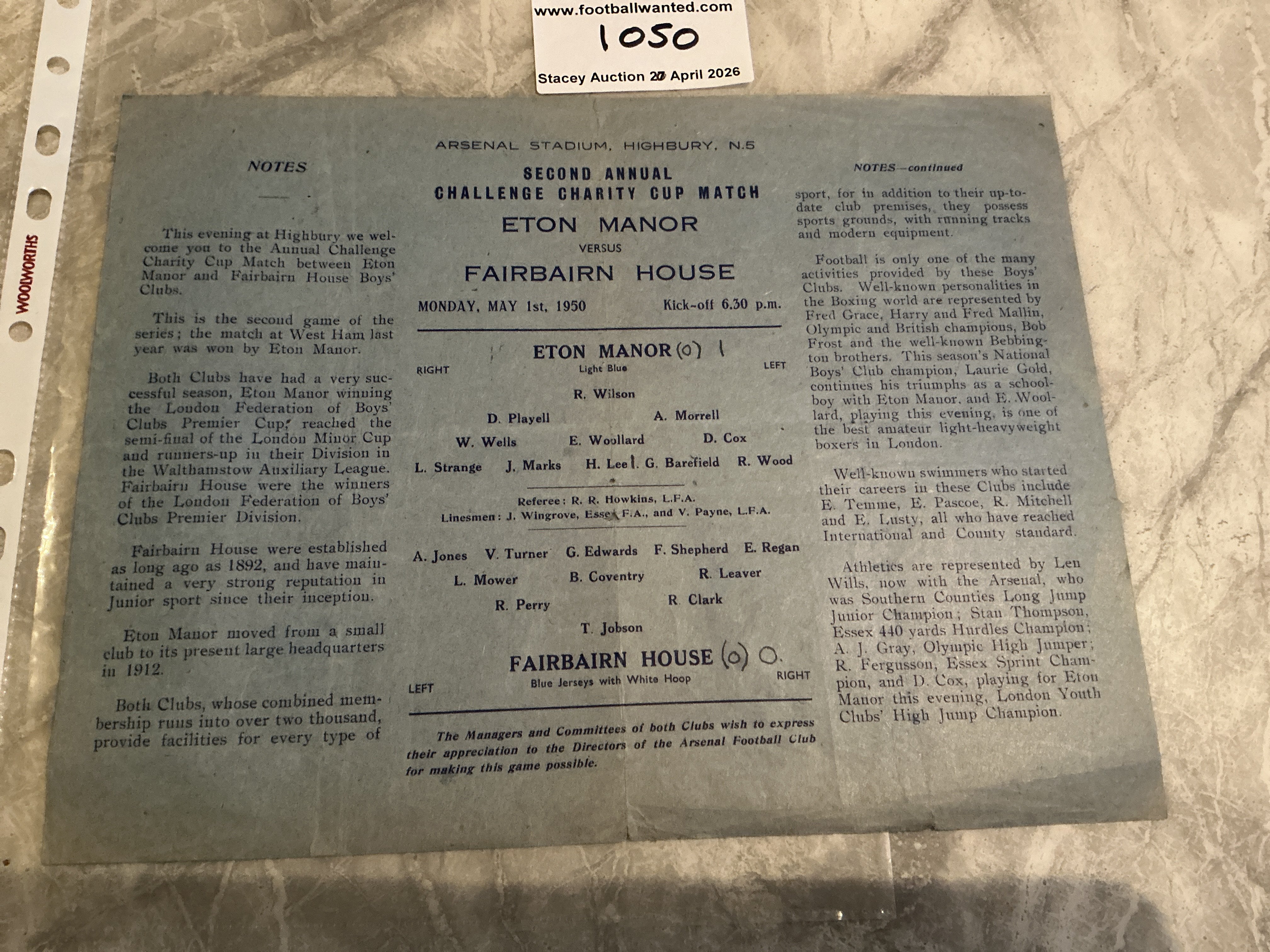 49/50 Eton Manor v Fairbairn House At Arsenal Football Programme: Large single sheet with fold and score. Very good condition played at Highbury for the 2nd Charity Cup Match. 