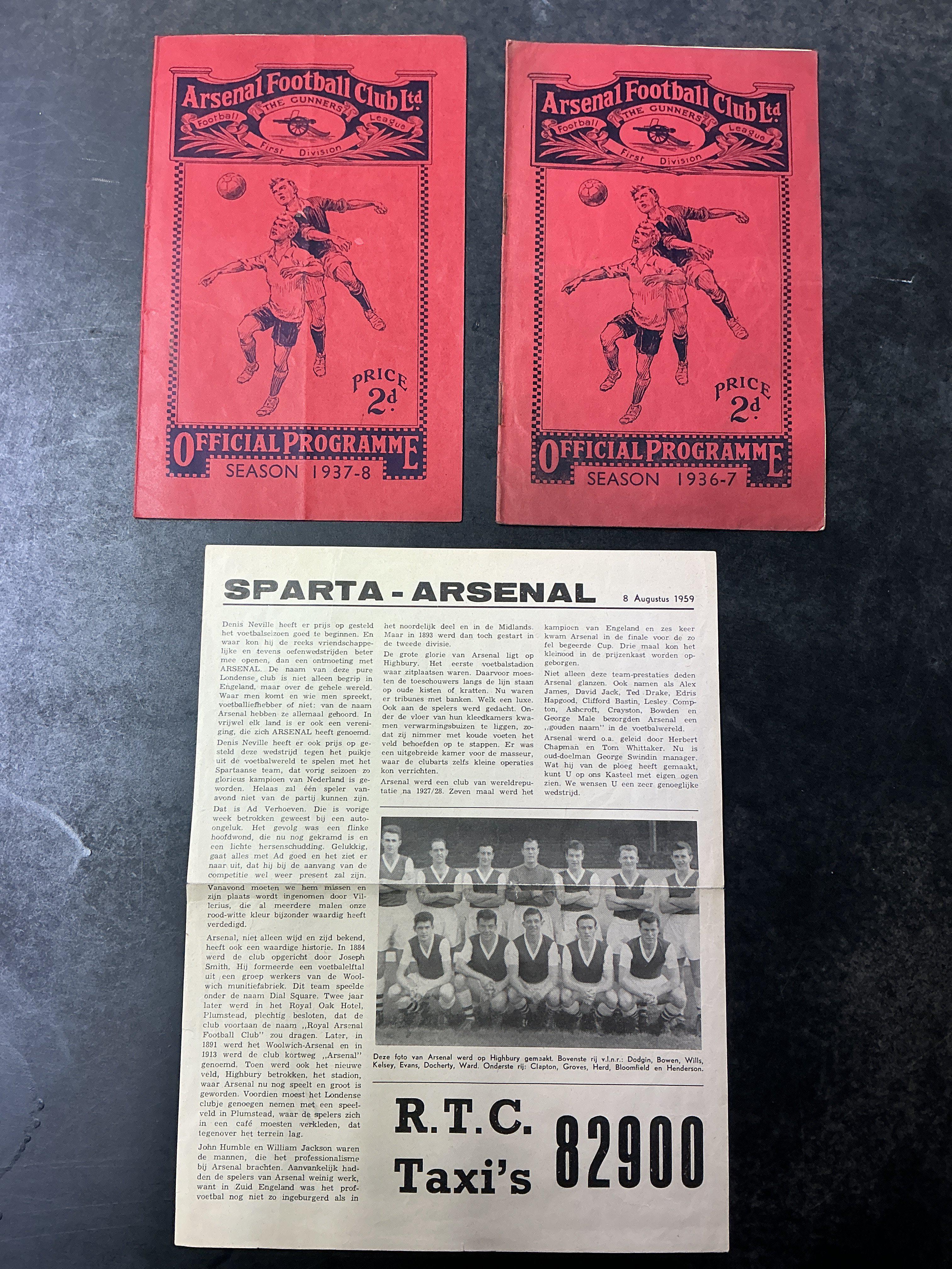 Arsenal Football Programmes: Homes 36/37 Sunderland, 37/38 West Ham reserves. C/W 59/60 Sparta away. Very good. (3)
