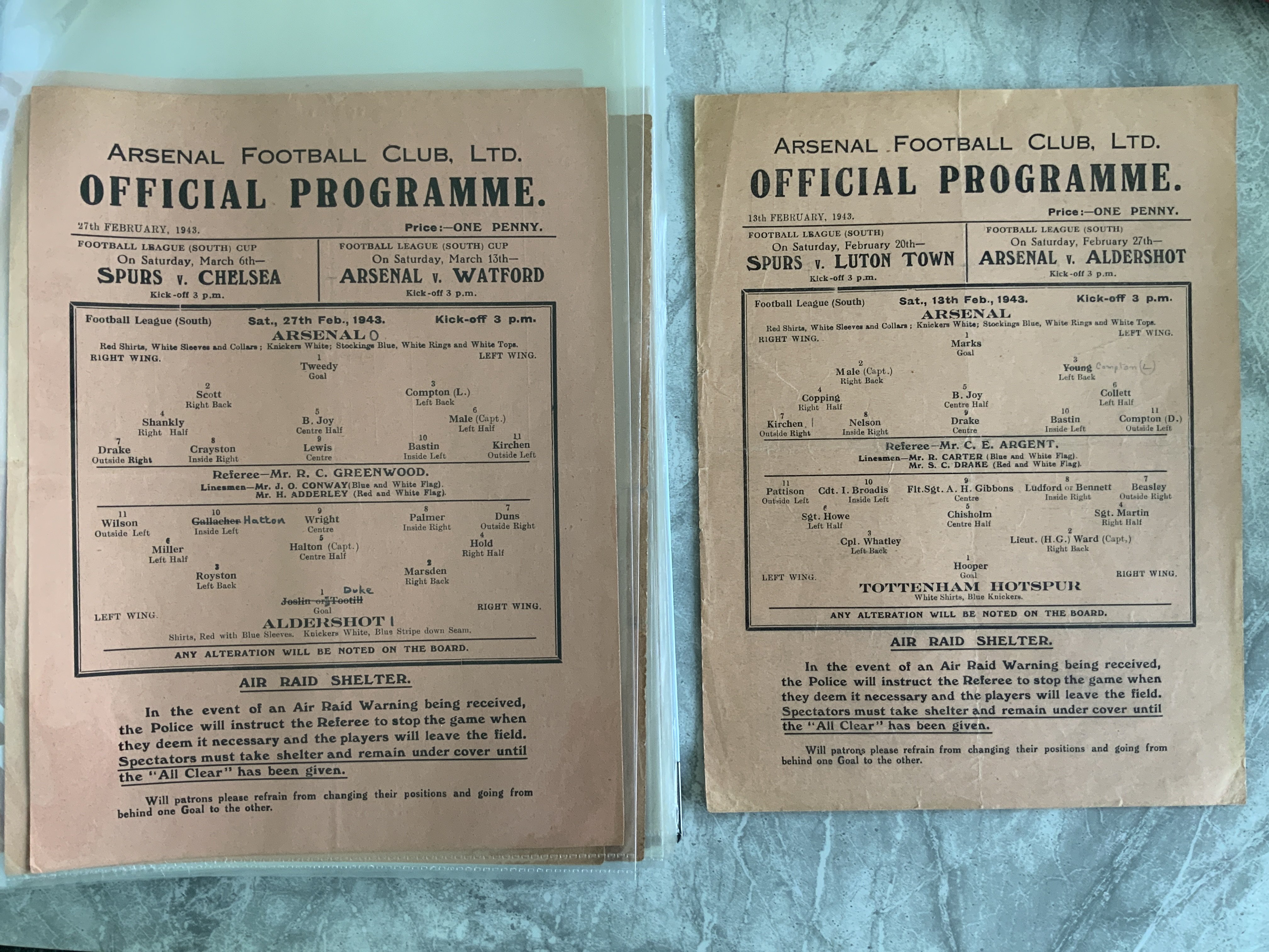 Arsenal 42/43 Complete Home Football Programmes: Single sheets to include League matches v Southampton Luton Brentford Reading QPR Charlton Millwall Chelsea Portsmouth Fulham Clapton Orient Crystal Palace Tottenham Aldershot and Cup v Watford Brighton West Ham. 4 have punch holes and some have team changes but mainly good. (17)