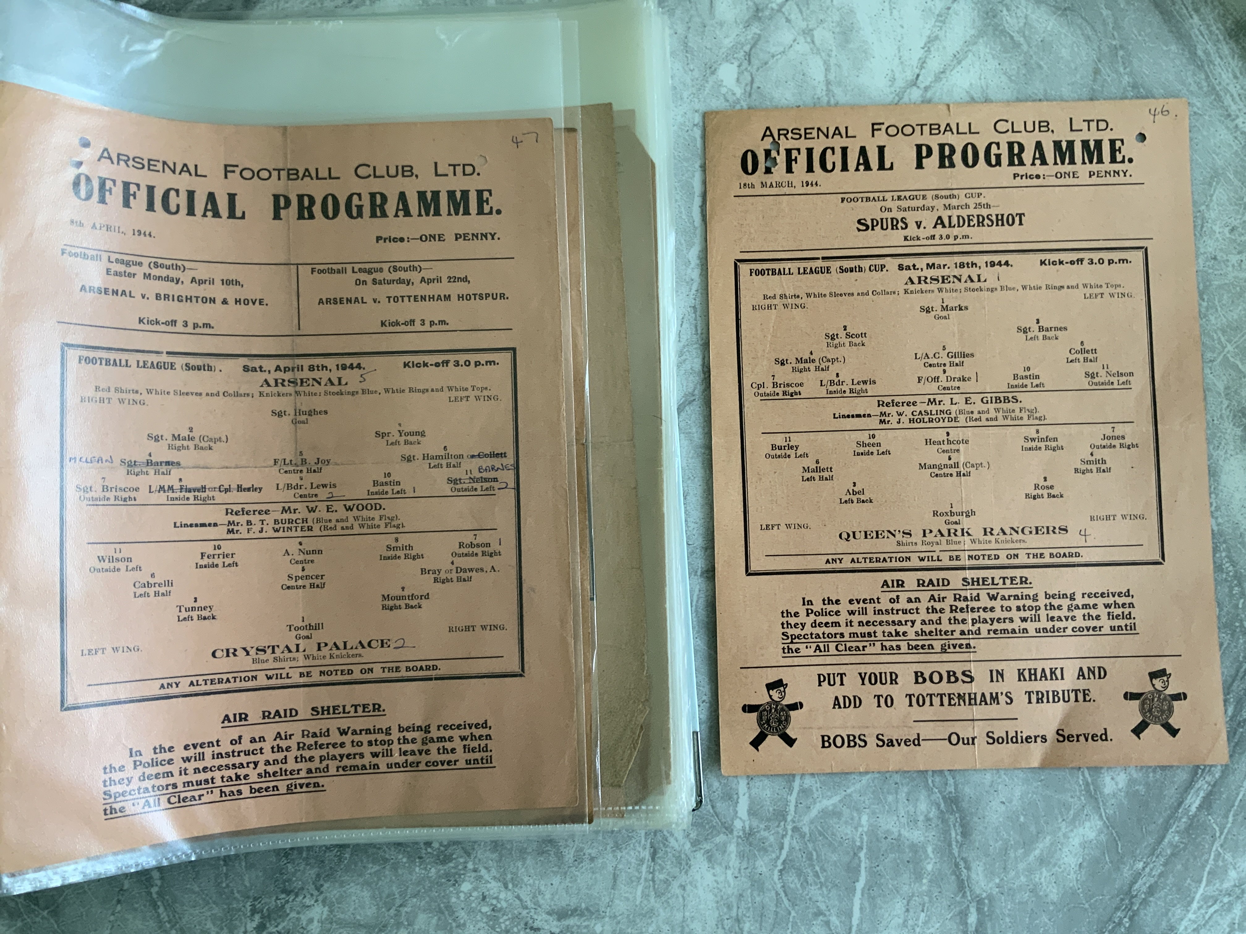 Arsenal 43/44 Complete Home Football Programmes: Single sheets to include League matches v Southampton Portsmouth Brentford Watford Chelsea QPR Charlton West Ham Millwall Fulham Clapton Orient Crystal Palace Brighton Tottenham Aldershot and Cup v Luton Reading QPR. Some have team changes a couple have punch holes but mainly fair/good. (18)