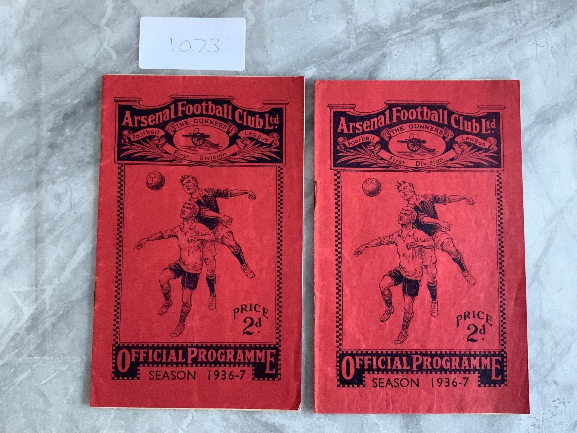 1936 - 1937 Arsenal Home Football Programmes: Portsmouth and Stoke with latter having pencilled team changes. Division One matches in good condition with no team changes. Both have season ticket applications inside. (2)