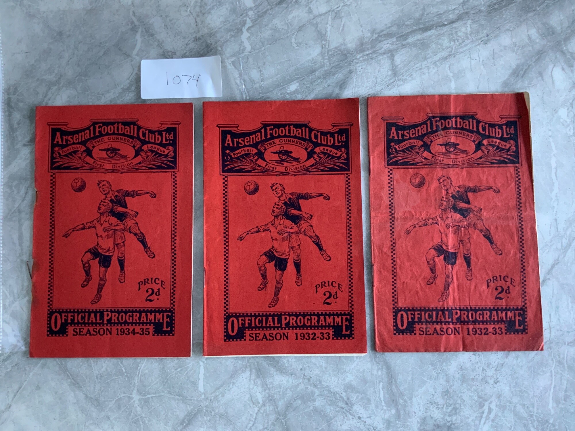 1930s Arsenal Home Football Programmes: 32/33 Newcastle Sheffield United Division One matches in good condition with no team changes. C/W 34/35 Leicester with staples rotted away. (3)