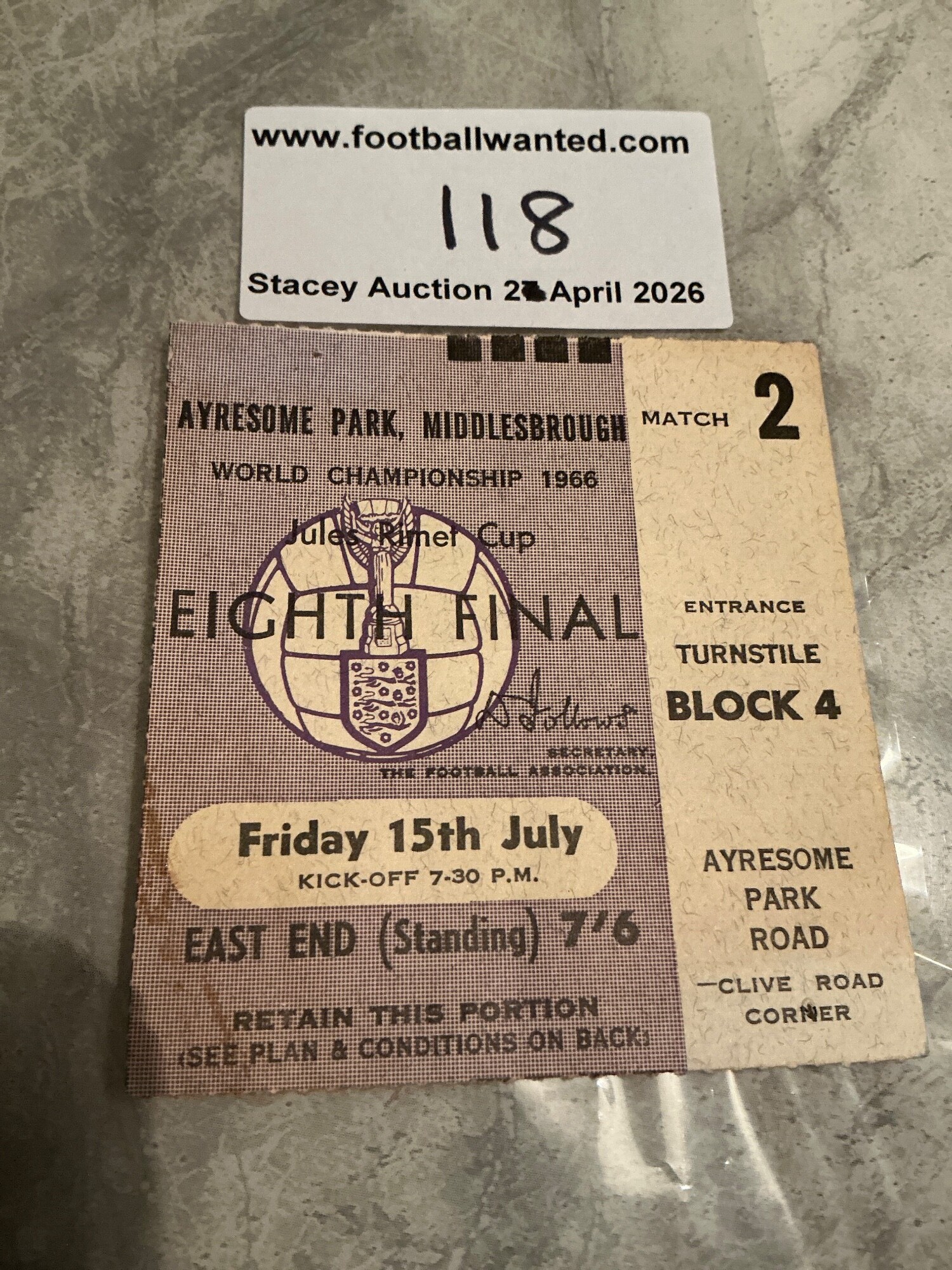 1966 World Cup Football Tickets Chile v North Korea: Hard to obtain good condition ticket for match played on 15 7 1966 at Middlesbrough.