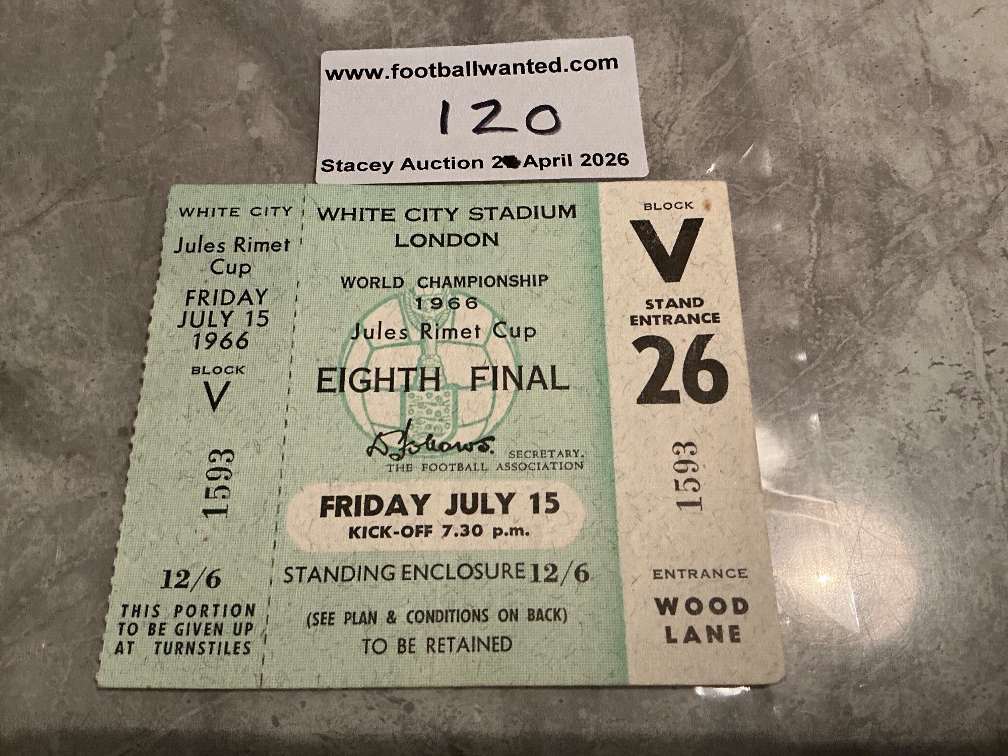 1966 World Cup Football Ticket Uruguay v France: Unused ticket with counterfoil for match dated 15 7 1966. The only match played at White City. Excellent.