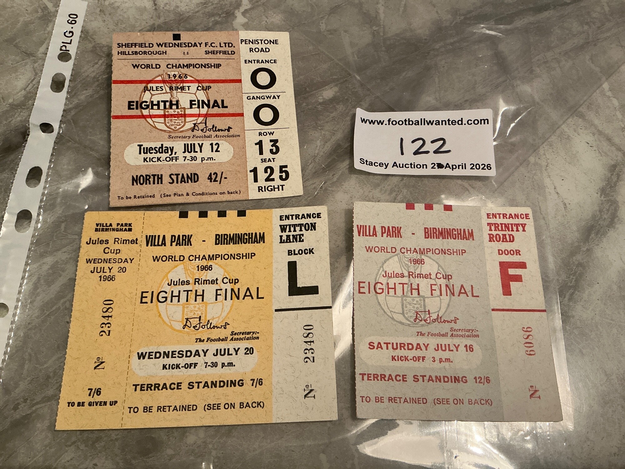 West Germany 1966 World Cup Football Tickets: Matches v Switzerland and Argentina plus an unused ticket for match v Spain. Excellent. (3)