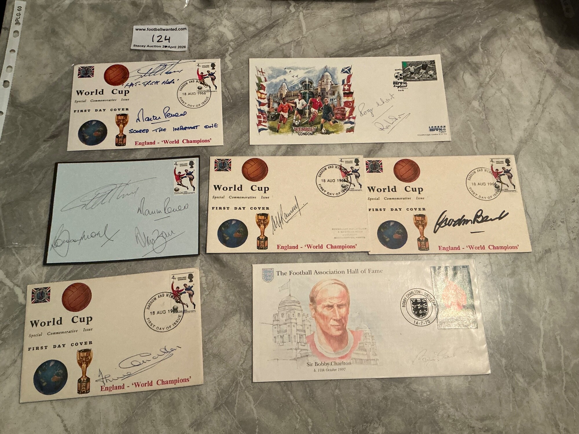 England 1966 Football Team Signed First Day Covers: 6 fist day covers plus a page which looks like a fdc signed by Moore Ball Peters and Hurst with COA from reputable source. Individual signatures on fdcs signed by B Charlton J Charlton Wilson Banks and Ramsey. Additionally again with reputation COA a fdc signed by Hurst stating hatrick hero with Peters stating scored the important one. 11 autographs on 7 items.