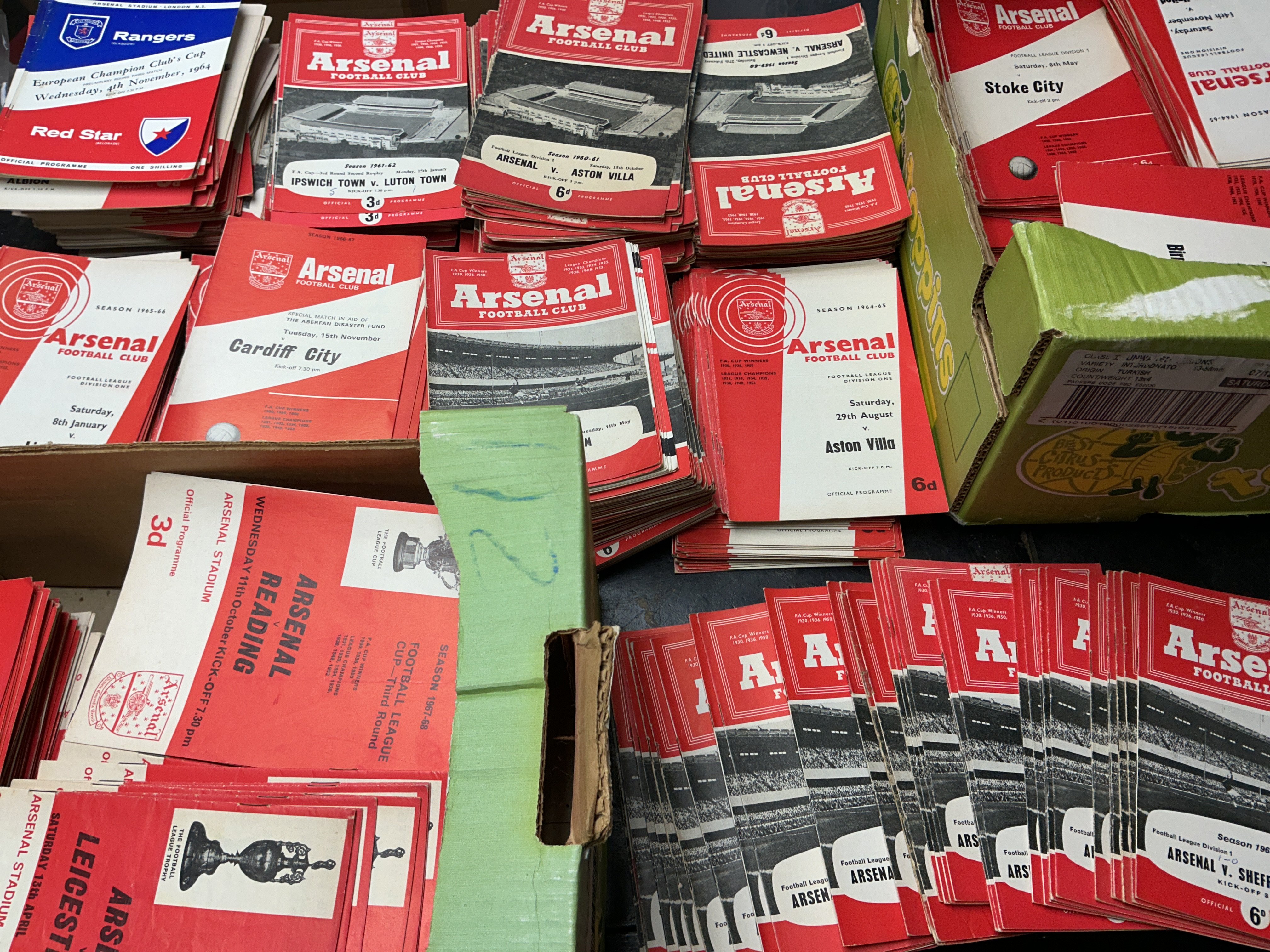 Arsenal Home Football Programmes: 3 boxes from 59/60 to 68/69 in excellent condition with heavy duplication. (est 1400+)