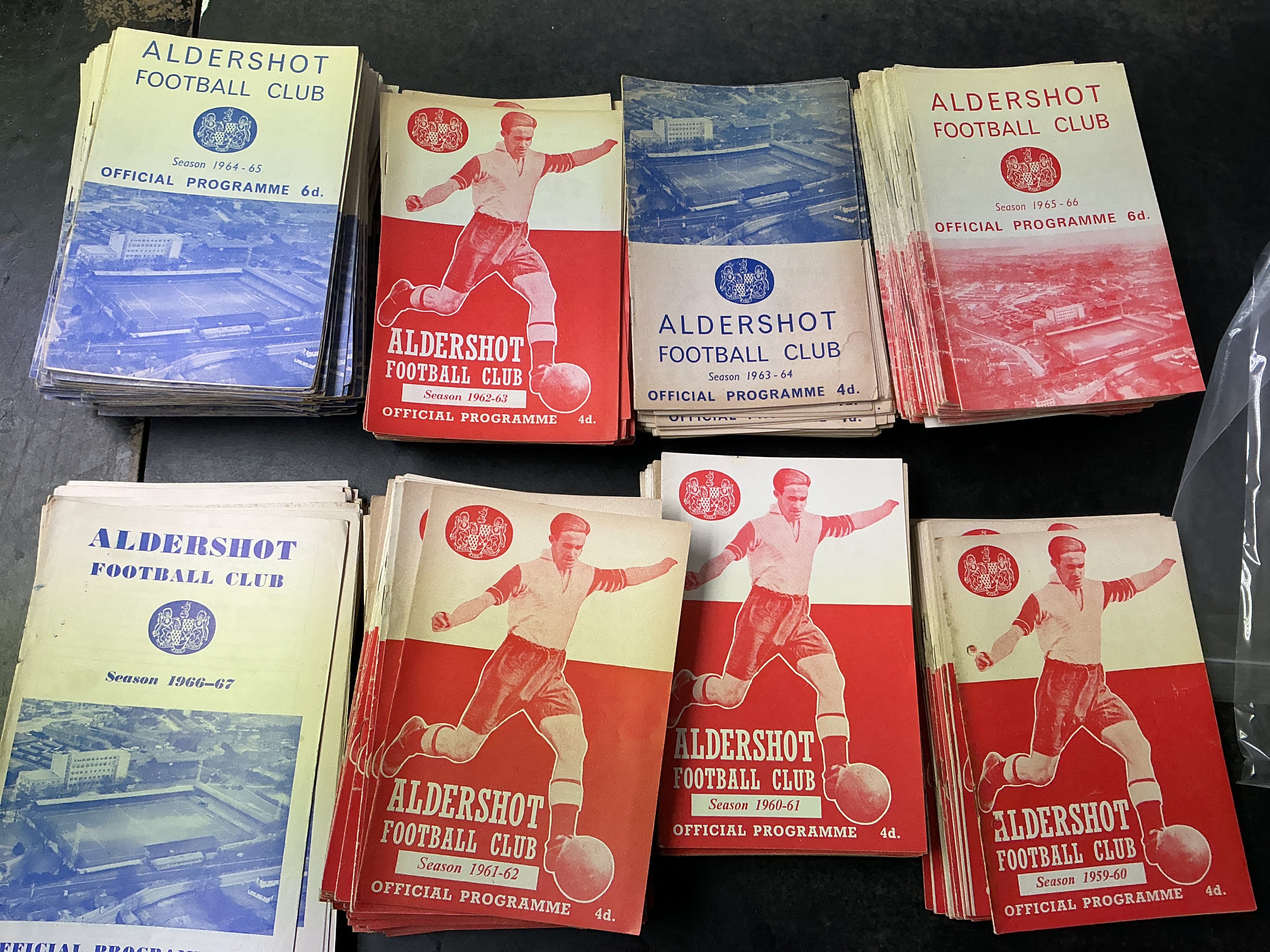 Aldershot Home Football Programmes: Includes 15 from 59/60 then around 300 from 60/61 to 64/65 and many more up to the early 70s. Excellent condition with heavy duplication. (550+)