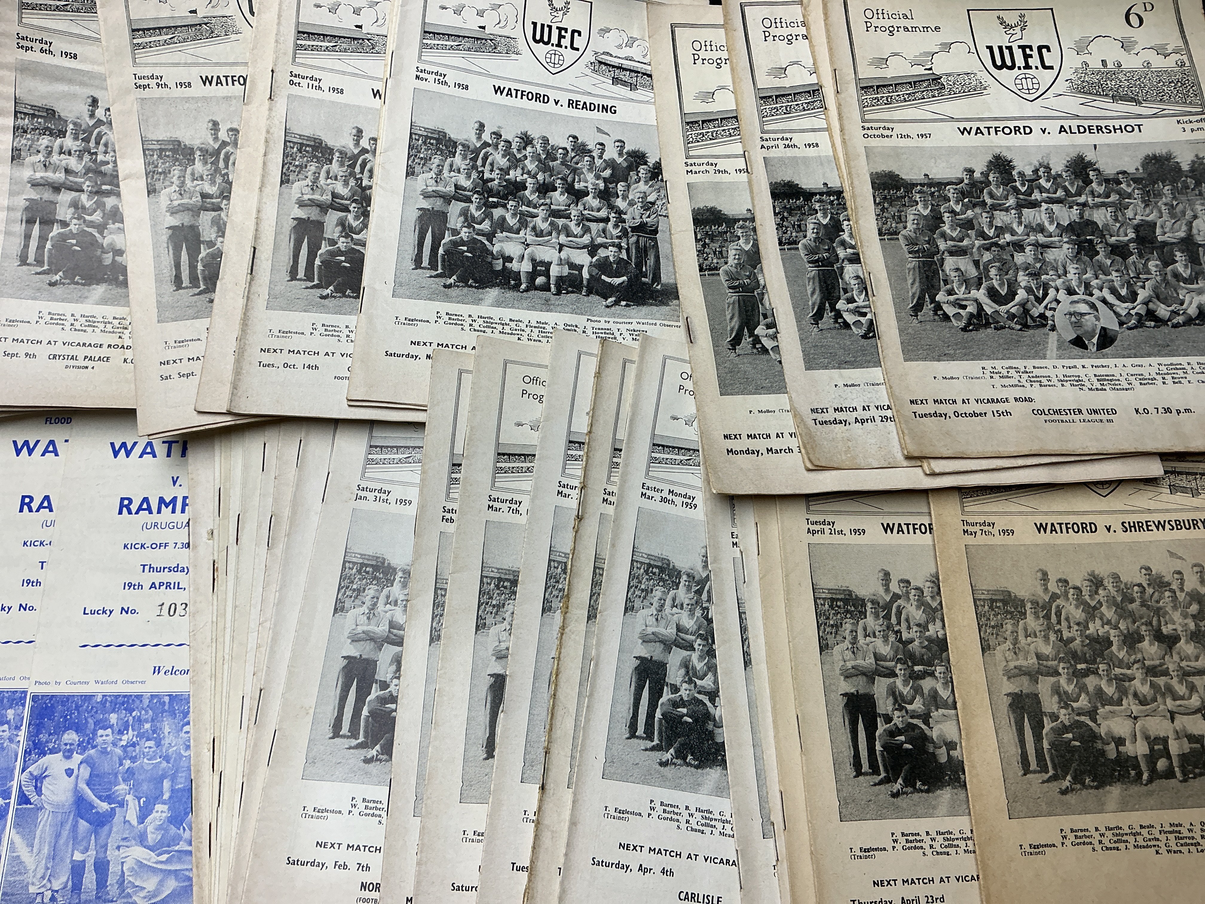 Watford Home Football Programmes: Includes 55/56 Rampla x 2 and a further 35 from the late 50s. Nearly 200 from the 60s and a box of 70s. Mainly good condition with duplication. (est 500)
