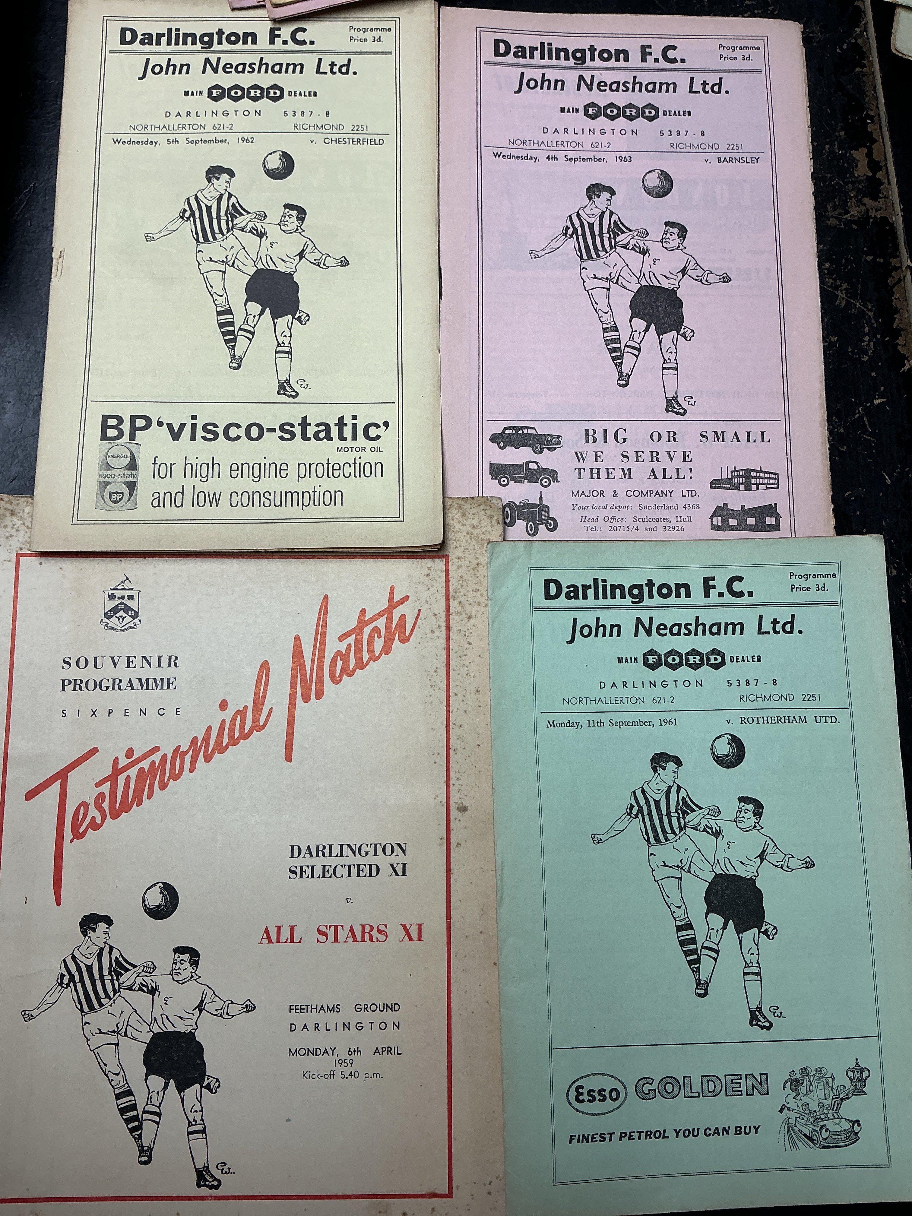 1960s Darlington Home Football Programmes: Includes 59/60 Prescot Cables FA Cup, 61/62 Rotherham LC, 62/63 Chesterfield LC, 63/64 Barnsley LC, 64/65 South Shields Durham Cup. Most are early to mid 60s with a few earlier. Mainly good condition with duplication. Very nice lot. (est 260+)