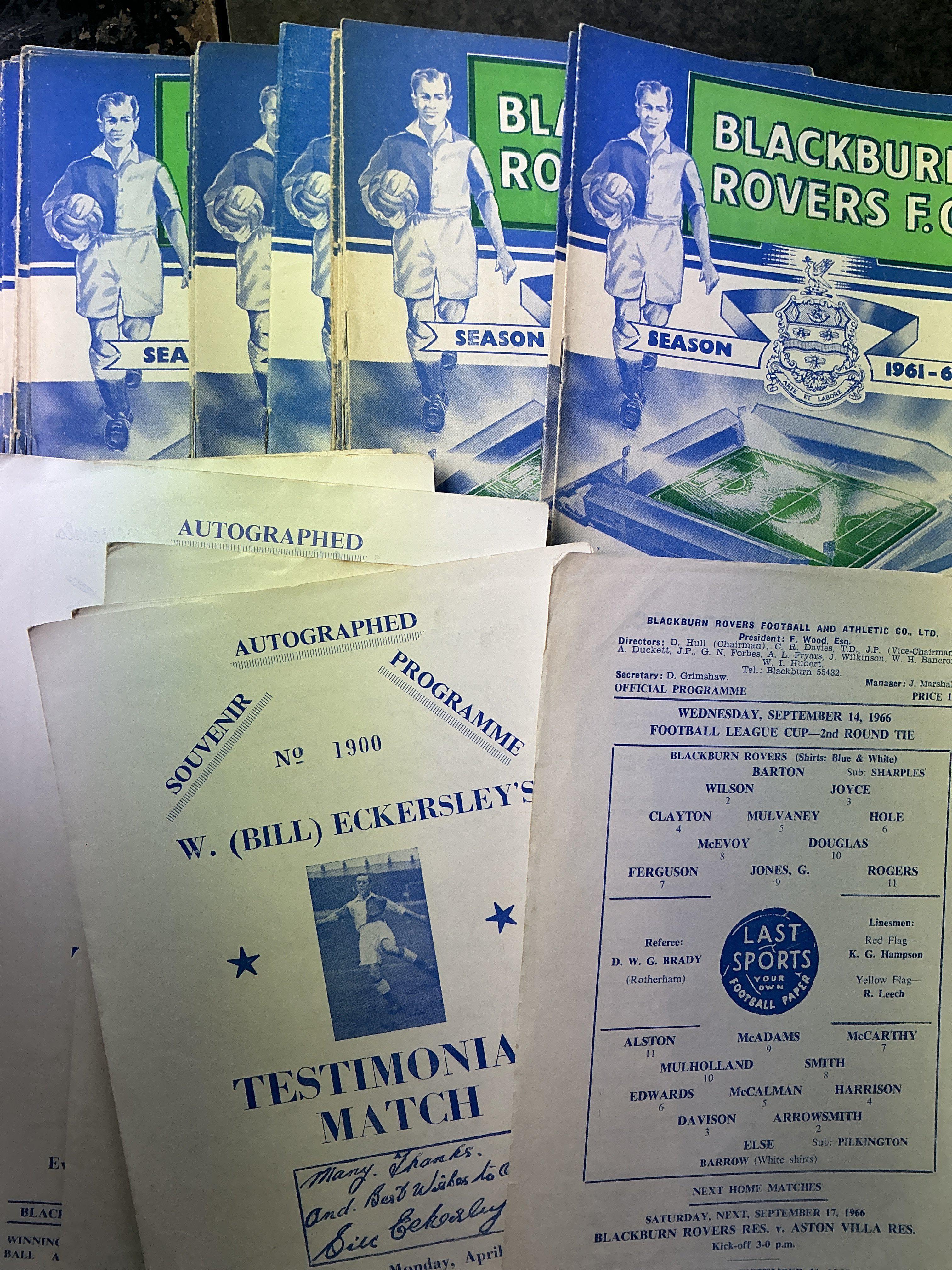 Blackburn Rovers Home Football Programmes: Includes 55/56 Doncaster 56/57 Notts County 57/58 Lincoln Charlton 61/62 Bristol Rovers LC. Around 80 mixed condition 58/59 + 59/60 and a further 200 spanning the 60s. Mainly good condition with duplication. (est 300)