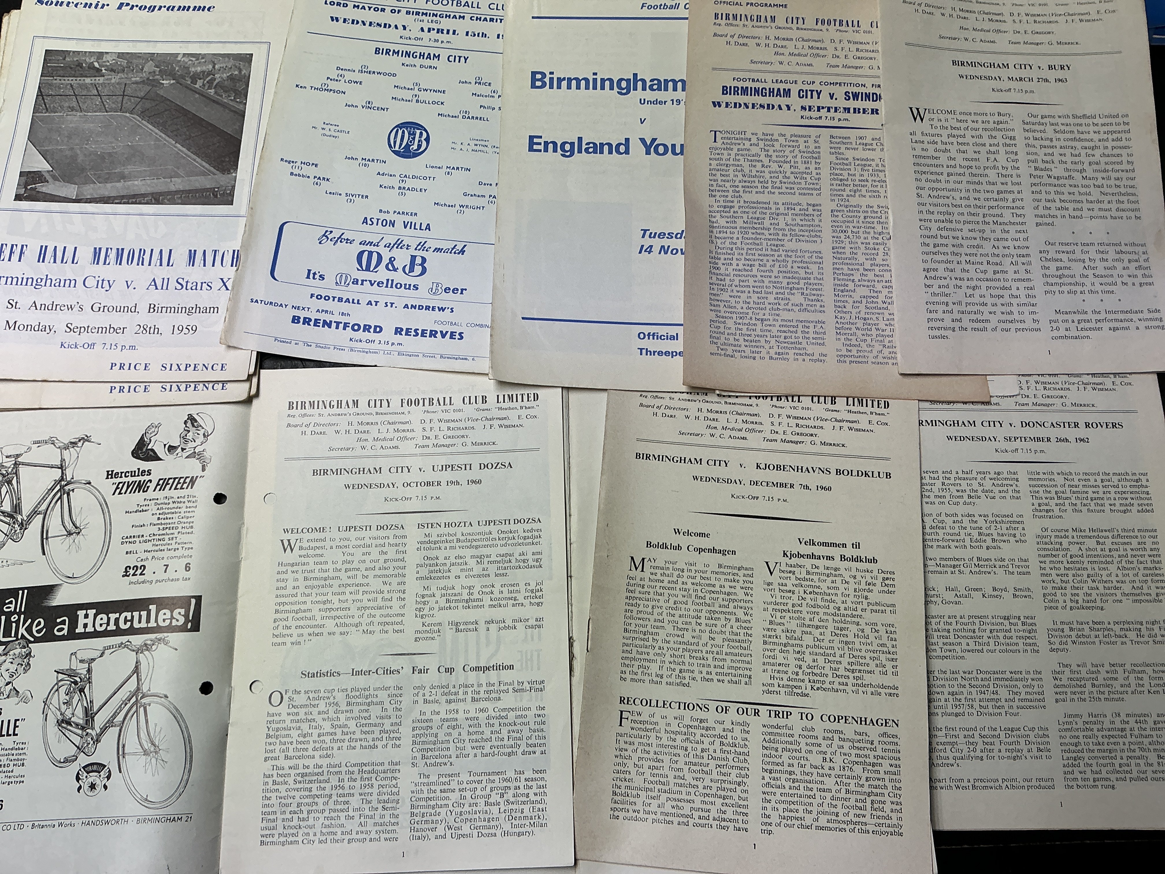 1960s Birmingham City Home Football Programmes: Some great League Cup including 61/62 Swindon, 62/63 Bury semi final and earlier rounds with European opponents including Boldklub Ujpesti Dozsa Bratislava and much more. Spanning the whole decade with many early to mid 60s. Mainly good condition with duplication in the 350+ 1960s. C/W a box of 1970s. (600+)