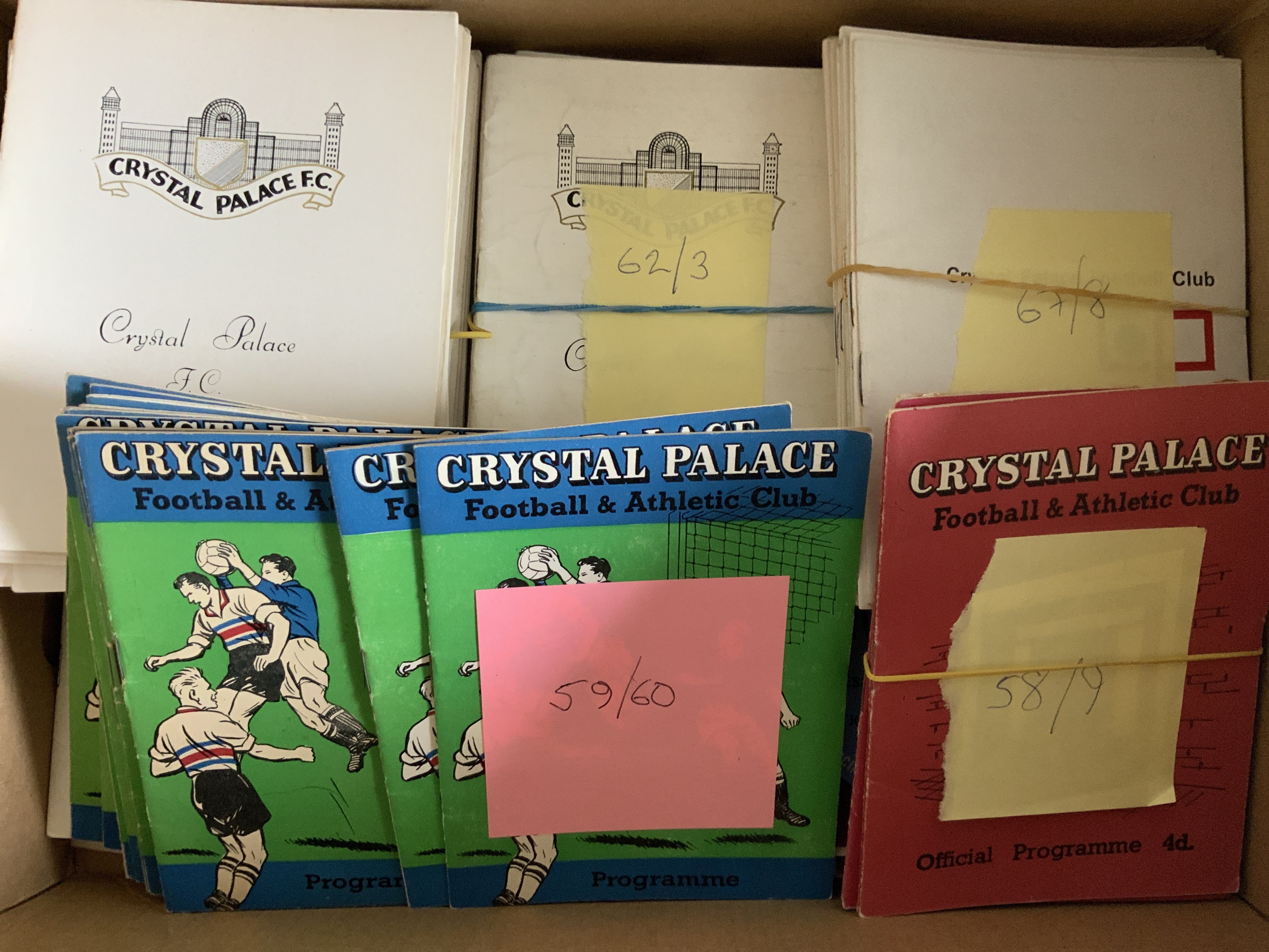 Crystal Palace Home Football Programmes: Includes possible complete sets from 60/61 64/65 65/66 66/67 67/68 68/69. 58/59 x 5, 59/60 x 13. Over 220 from the 60s. Very good with instructions to sell. (est 250+)