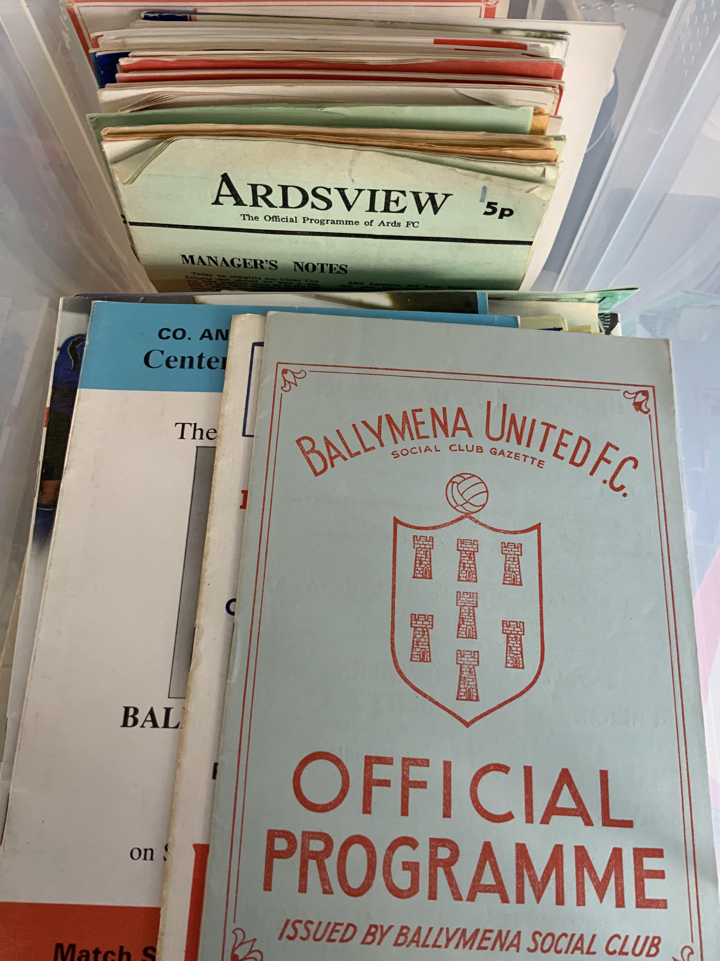 Irish Football Programmes: Both north and south clubs in excellent condition from the 60s onwards with many 1990s. 350+ with instructions to sell. 2 boxes. 