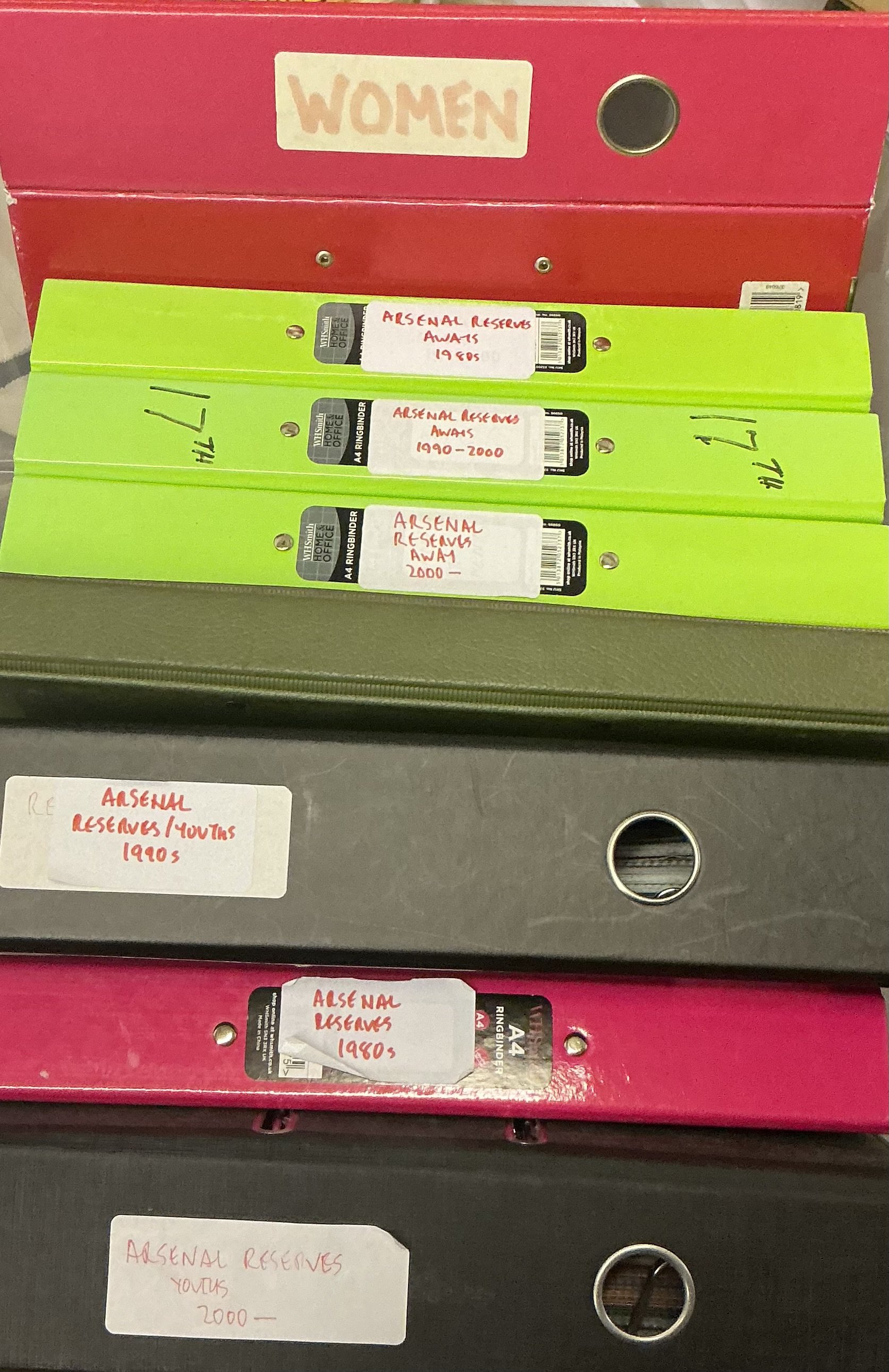 Arsenal Reserves + Womens Team Football Programmes: 7 binders of programmes mainly 1980s onwards though spotted a few back to the 1950s. Home and away programmes plus an additional binder of general Arsenal memorabilia. Instructions to sell. (Est 200)