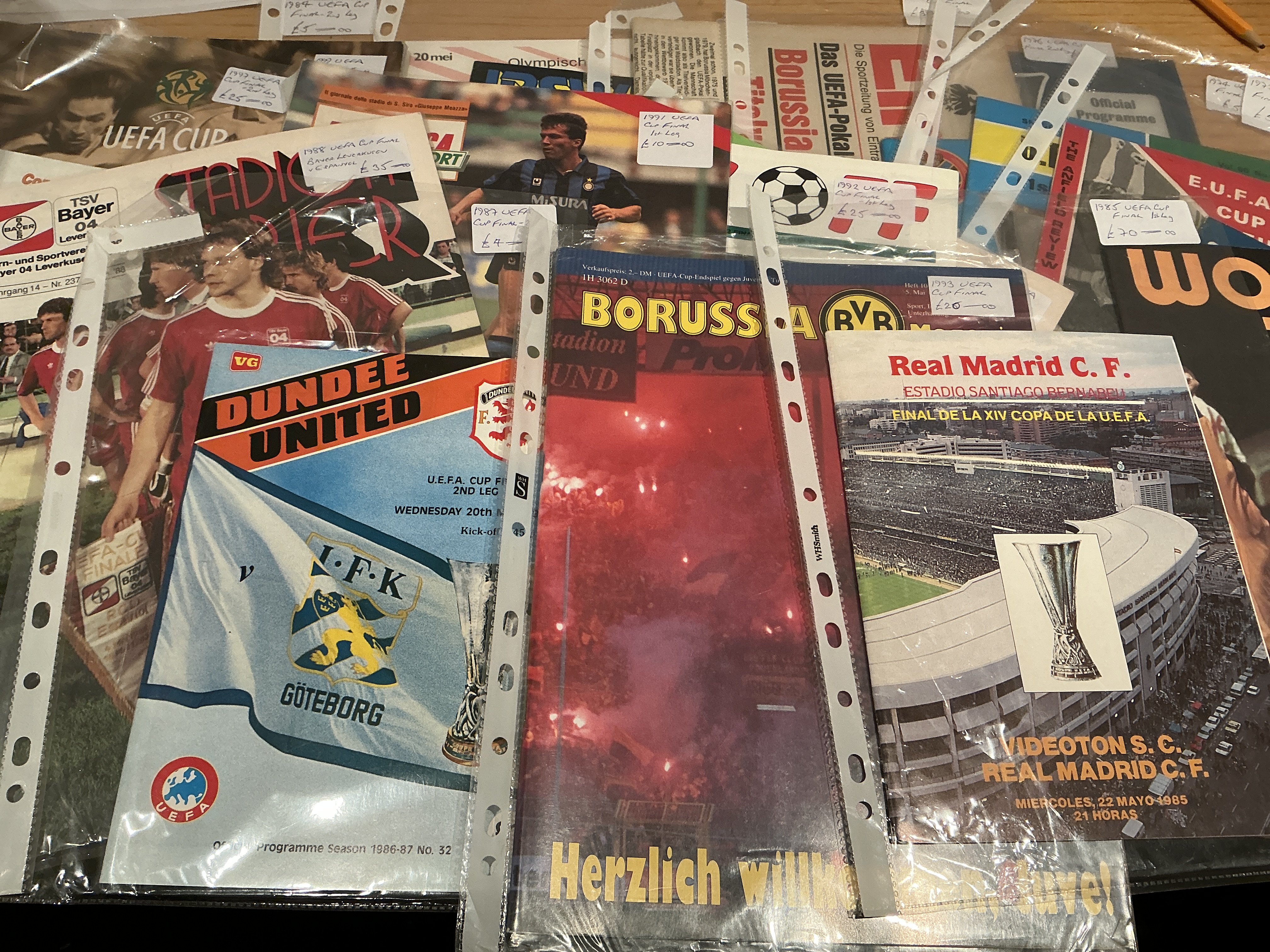 UEFA Cup Final Football Programmes: Includes 1985 Videoton v Real Madrid, 1992 Ajax v Torino and some Liverpool and Tottenham matches. A few more modern Europa League included. Excellent. (34)
