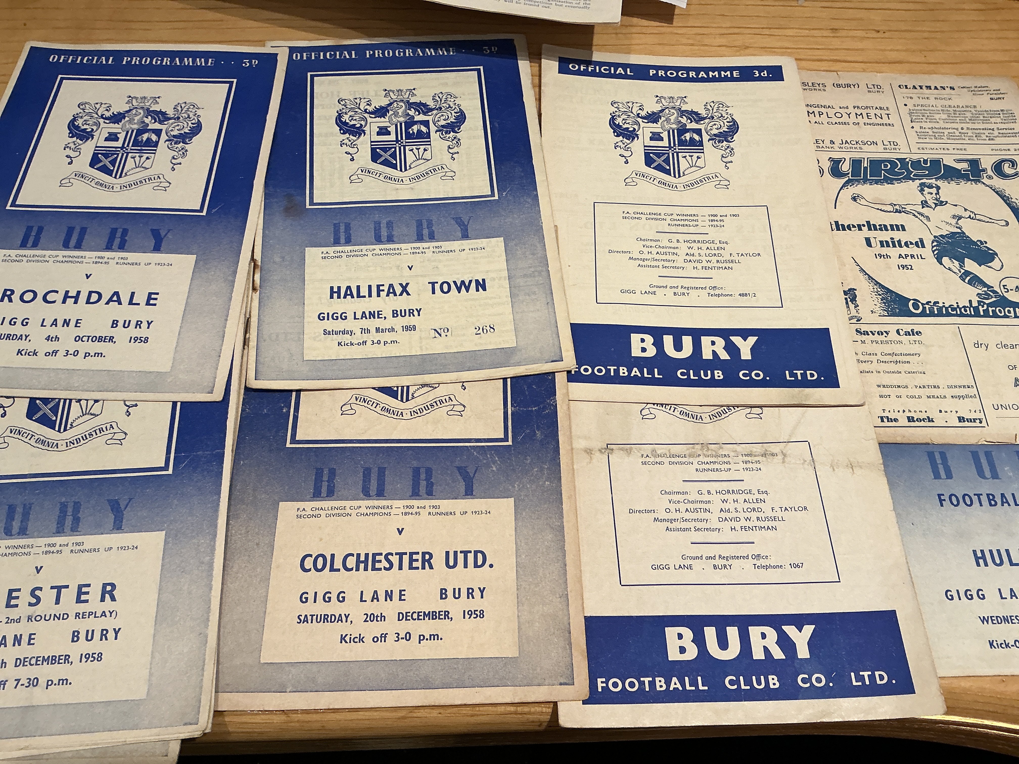 Bury Home Football Programmes: Includes 52/53 Rotherham 53/54 Hull and a further 12 from the mid to late 50s. Around 150 from the 60s spanning the decade including 61/62 Brighton League Cup. Very good with instructions to sell. (160+)