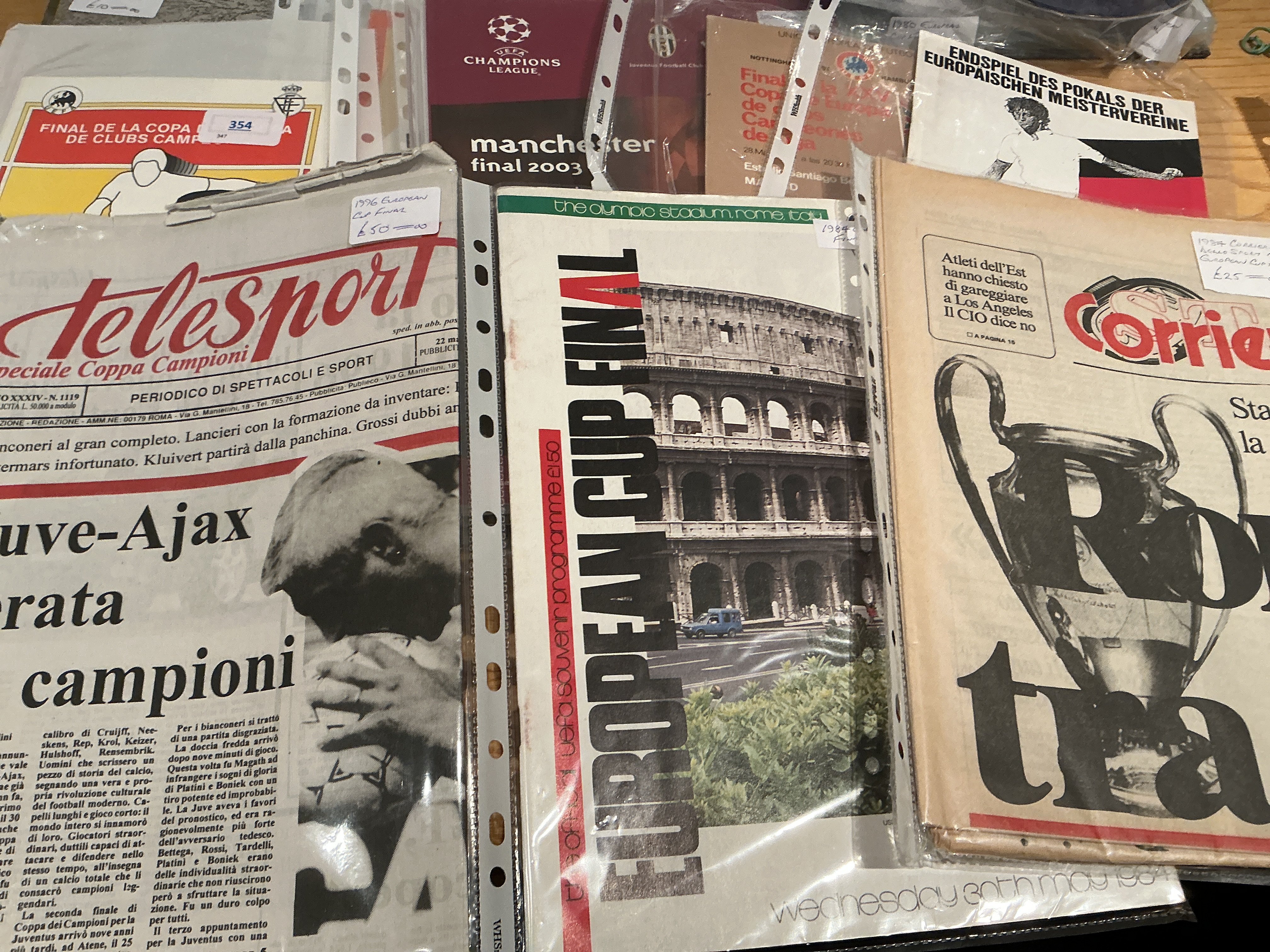 European Cup Final Football Programmes: Incomplete run from 1959 onwards. Includes some valuable programmes from 1964 Inter Milan v Real Madrid, 1967 Inter Milan v Celtic, 1996 Ajax v Juventus (Telesport), 1980 Hamburg v Notts Forest, 1981 Real Madrid v Liverpool, 1995 Ajax v AC Milan and much more. Must view. (55)