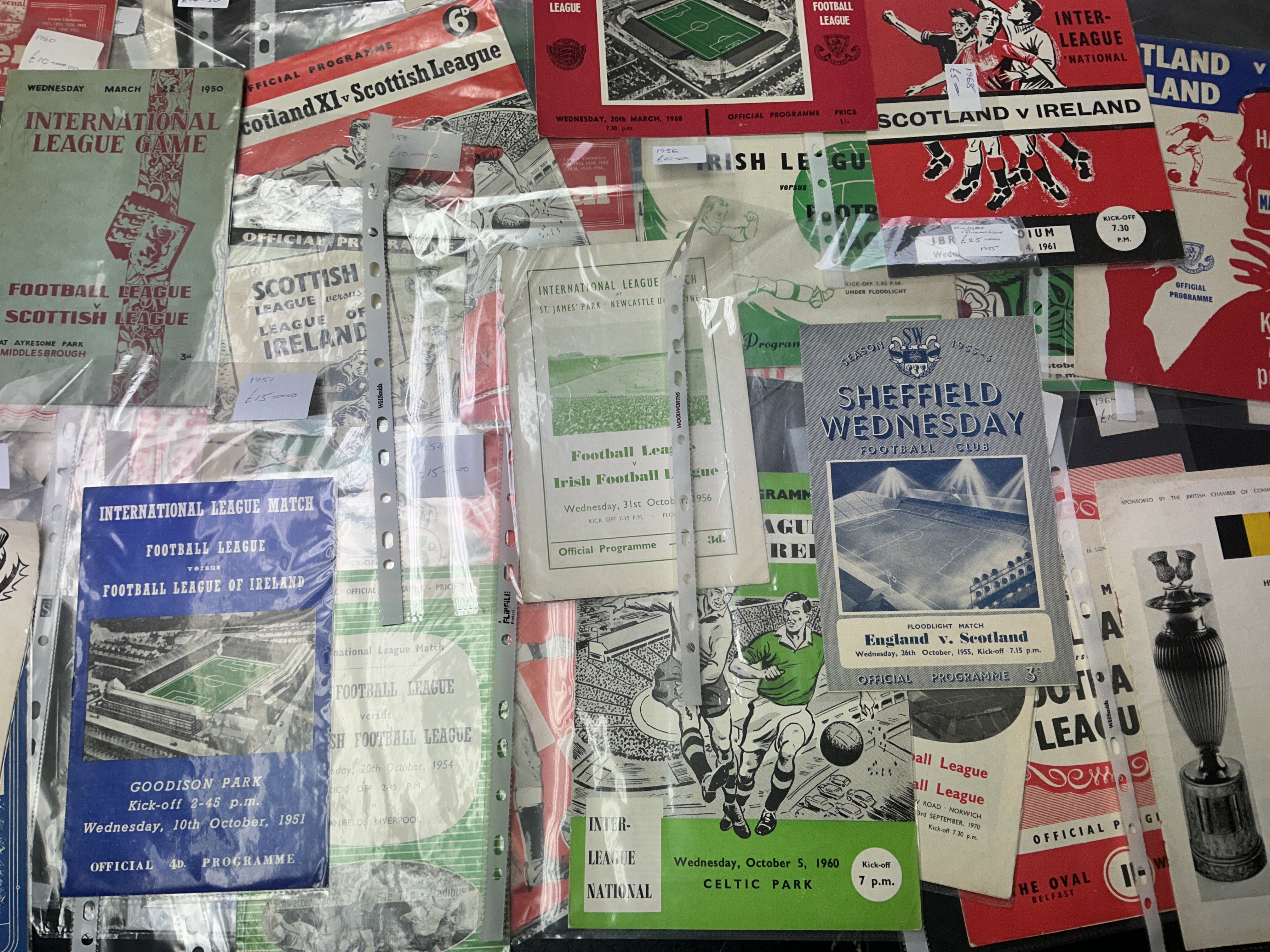 English Inter League Football Programme Collection: Home and away to include Irish Scottish Belgium Scotland Wales etc. Excellent condition to include 49/50 v Scotland at Middlesbrough, 51/52 Ireland at Everton, 54/55 at Liverpool. (45)