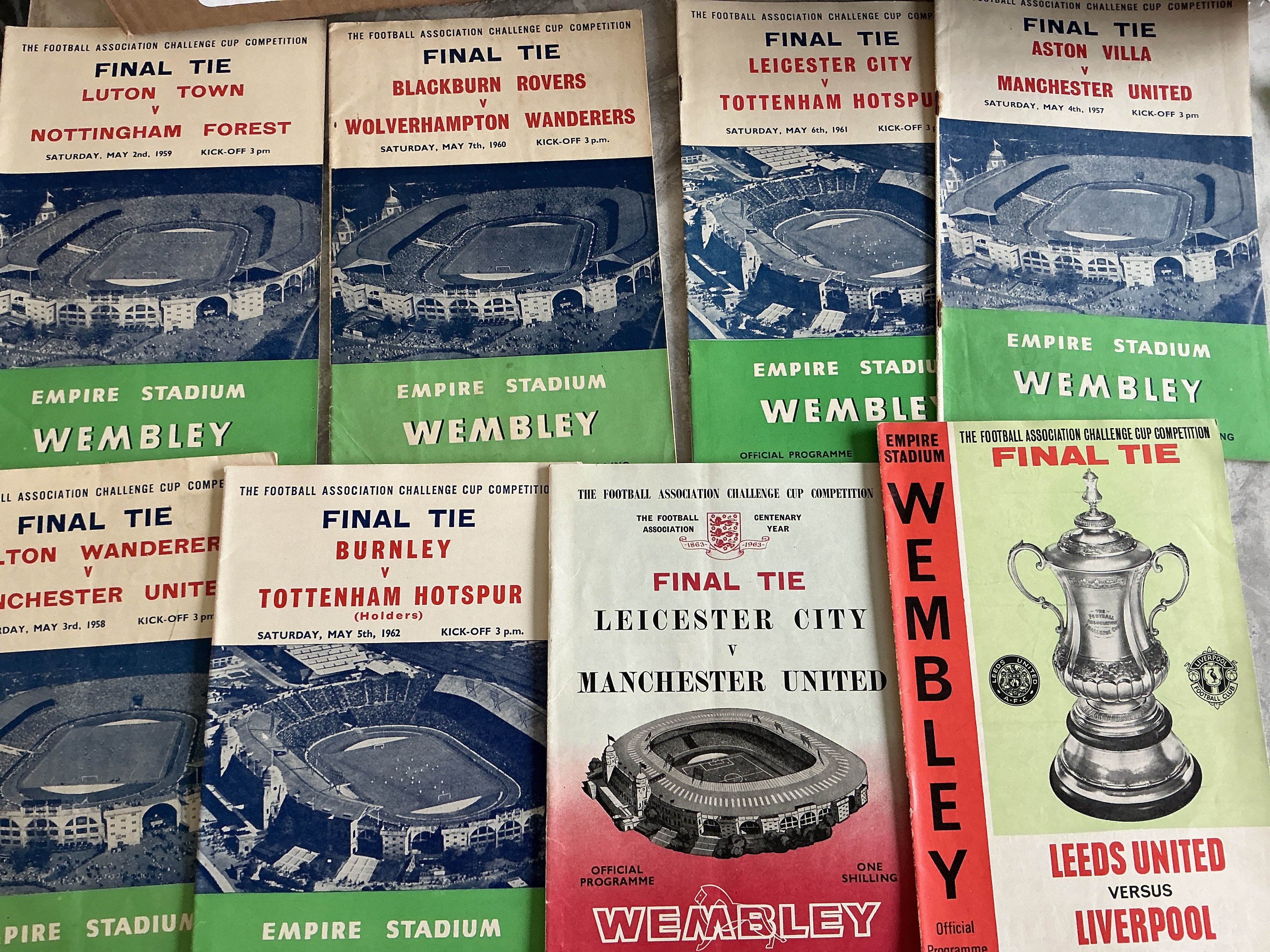 Big Match Football Programmes: 36 x  FA Cup finals include 1957 to 1965 inclusive and 1996. There are finals for Vase, Trophy, Charity Shields, FA Cup Semis, European Finals, League Cup finals and even a 48/49 Tottenham handbook. Good content of Manchester United. Large box.