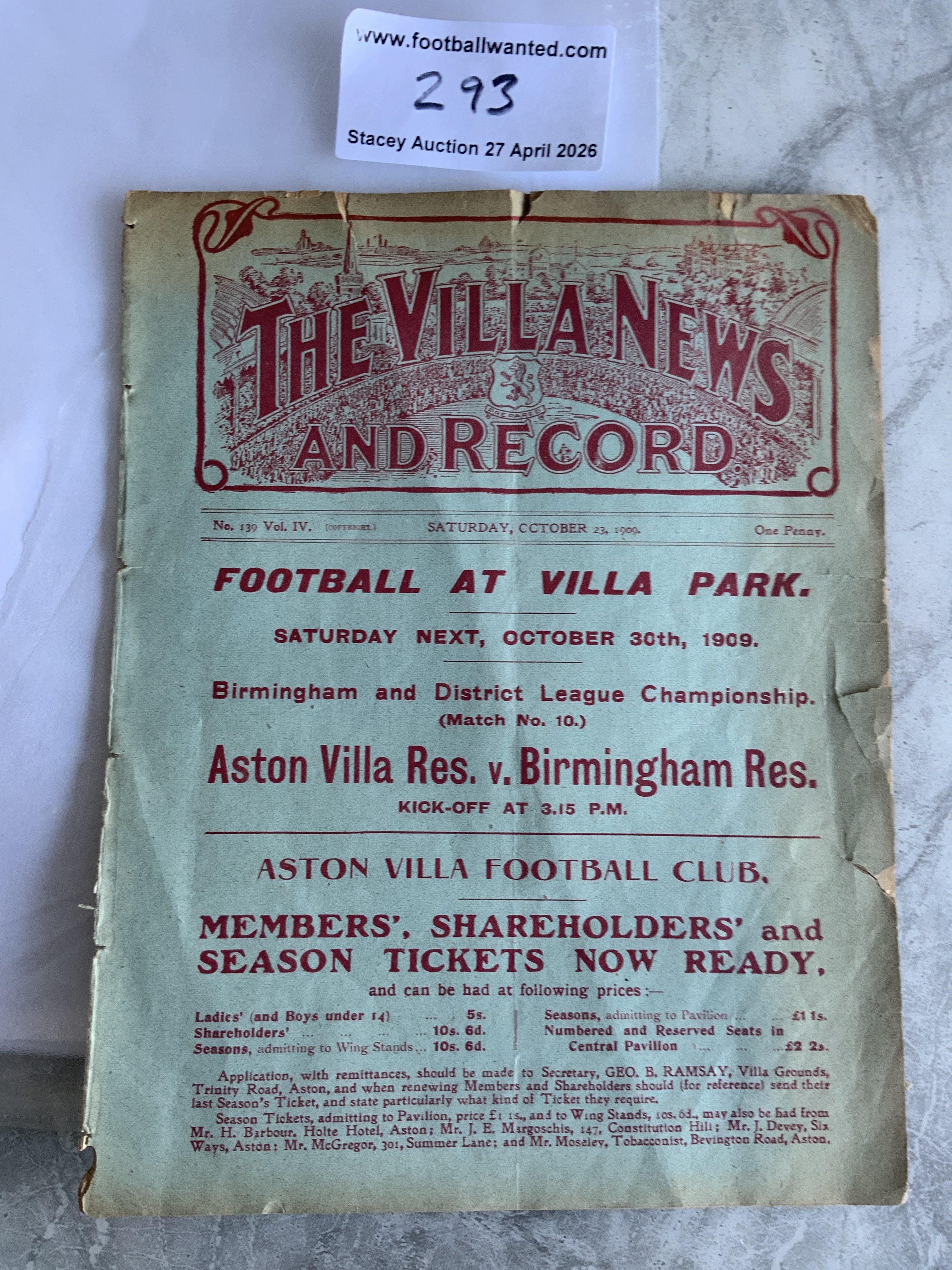 1909 - 1910 Aston Villa v Bradford City Football Programme: Fair condition ex bound division 1 programme with no team changes. Covers intact bur some tears to edges.