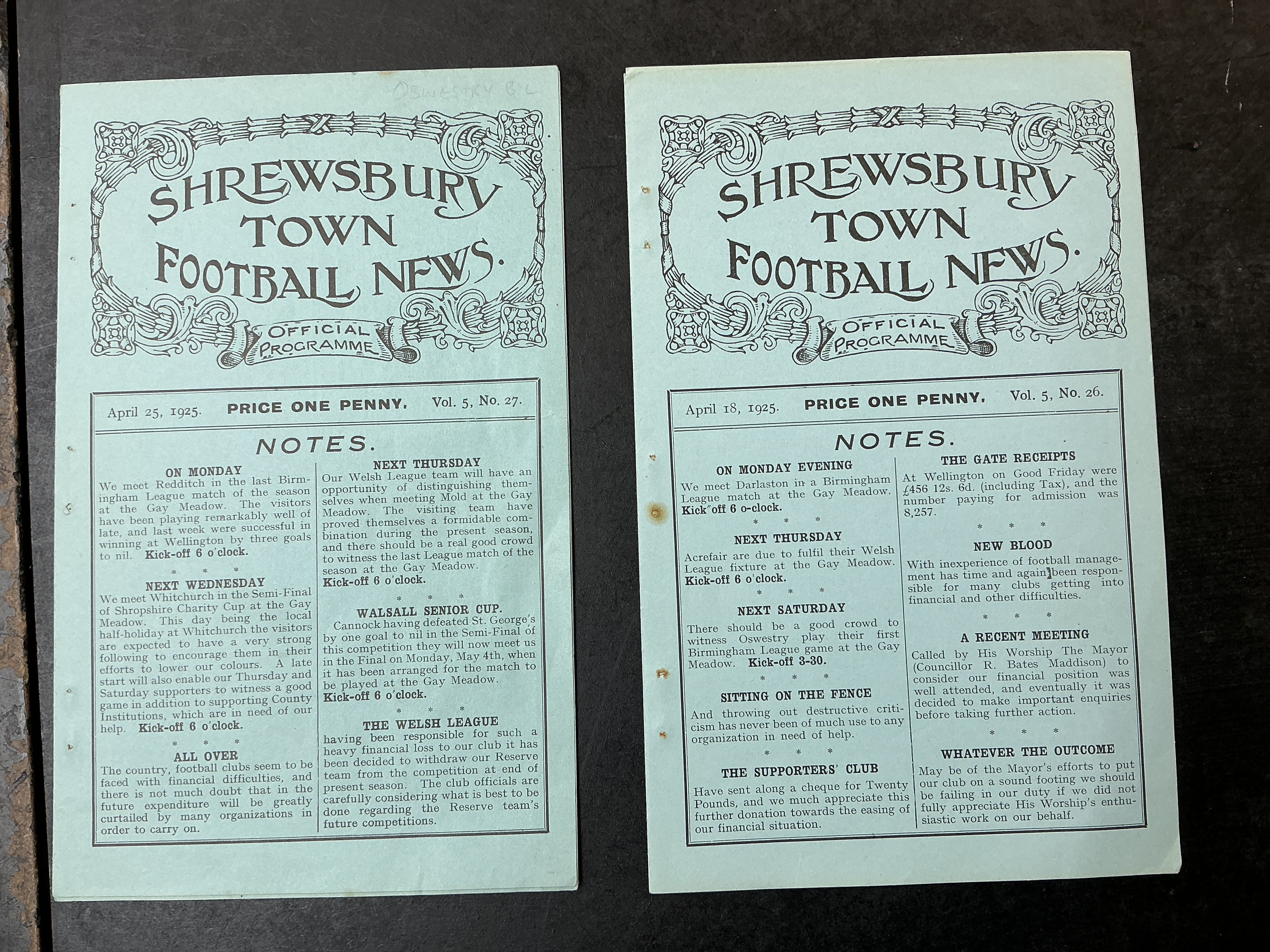 1924 - 1925 Shrewsbury Town Football Programmes: Dated 18th April v Brierley Hill and April 25 v Oswestry. Staples removed from both programmes and staple holes and slight rust marks were removed. (2)