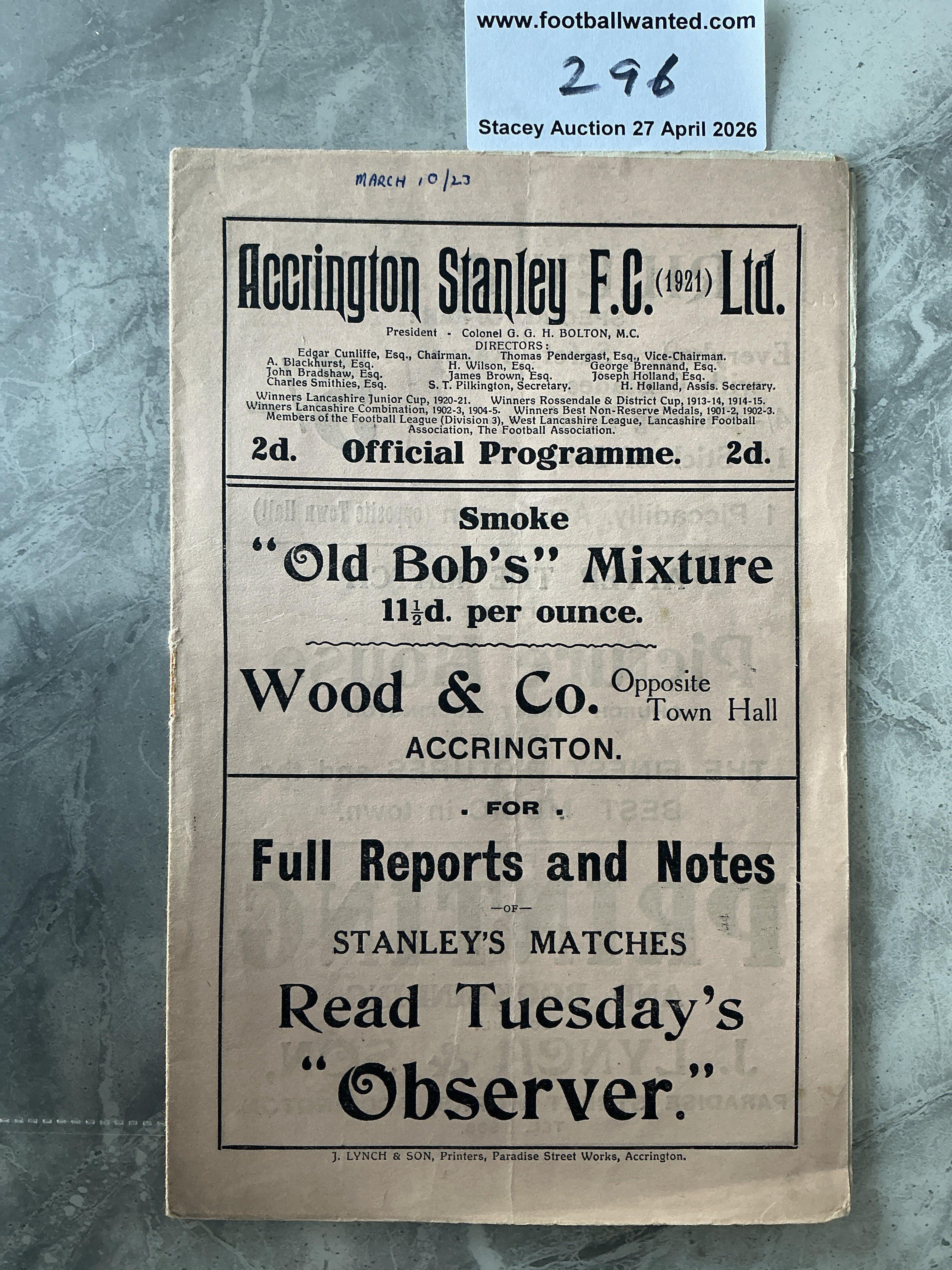 1922 - 1923 Accrington Stanley v Tranmere Football Programme: Good condition with date written to top border. Staple removed. No team changes. 