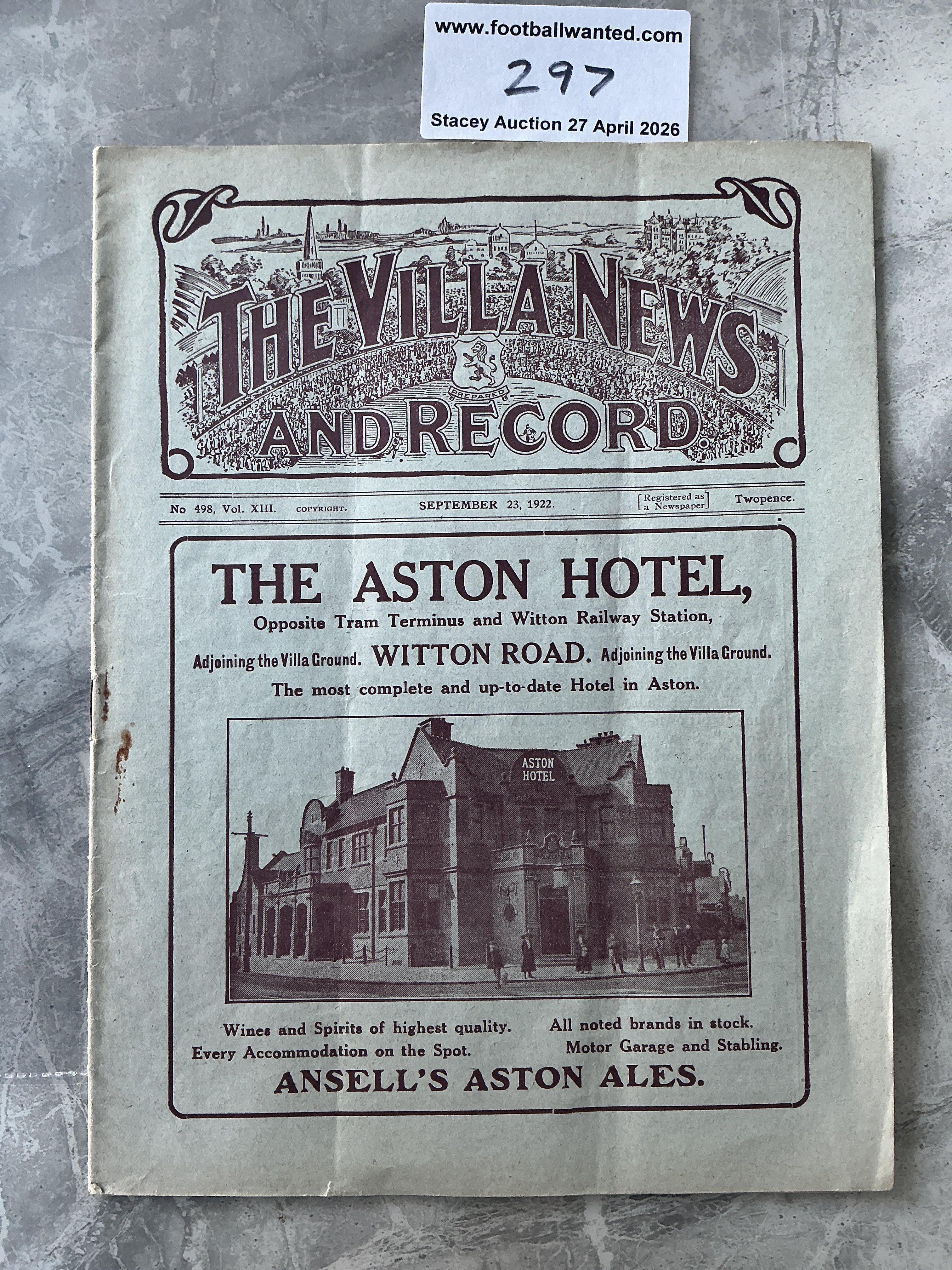 1922 - 1923 Aston Villa v Middlesbrough Football Programme: Good condition with light folding. No team changes. 