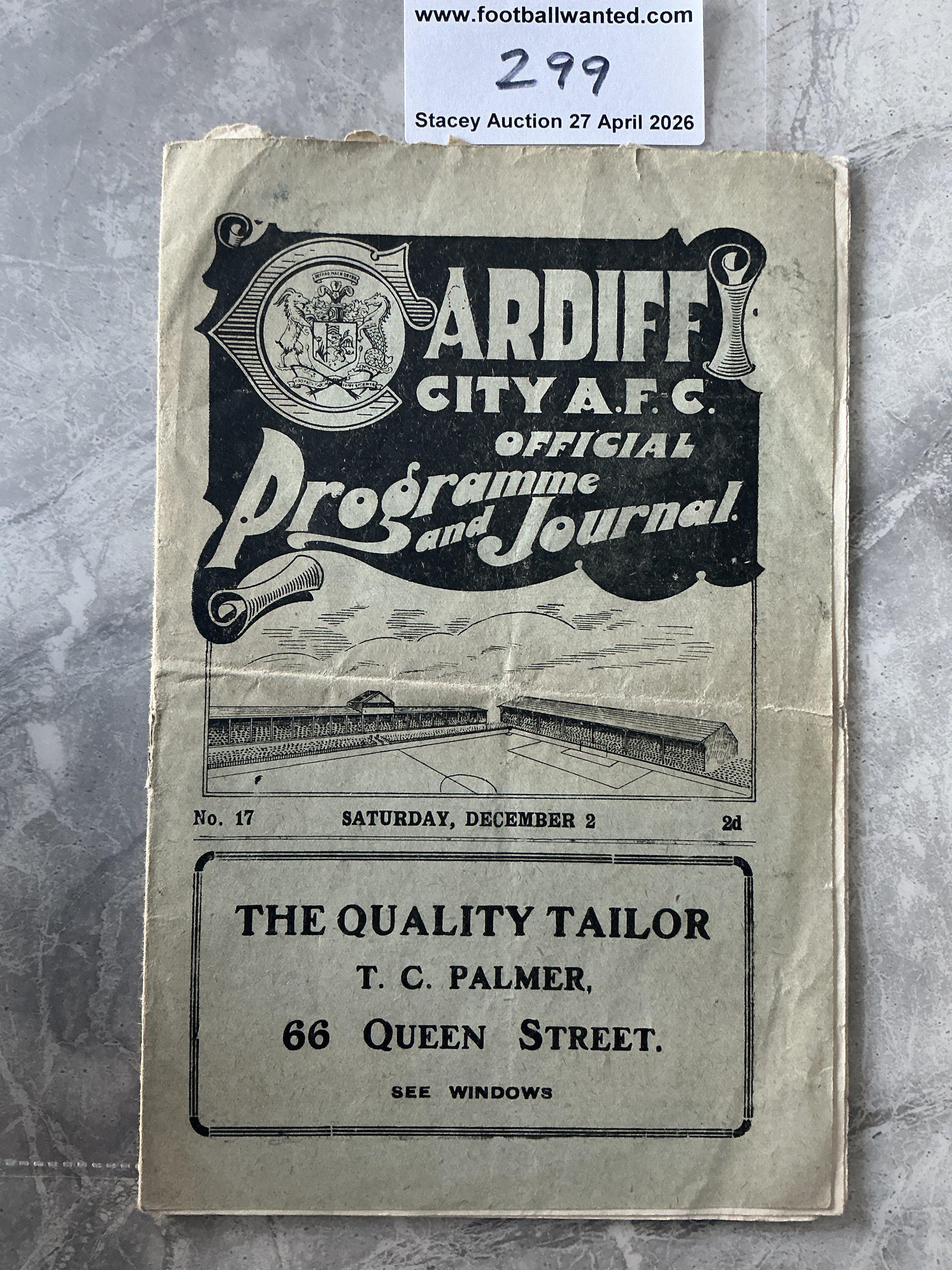 1922 - 1923 Cardiff City v Stoke Football Programme: Good condition with light folding and a bit of wear to spine. No team changes. 