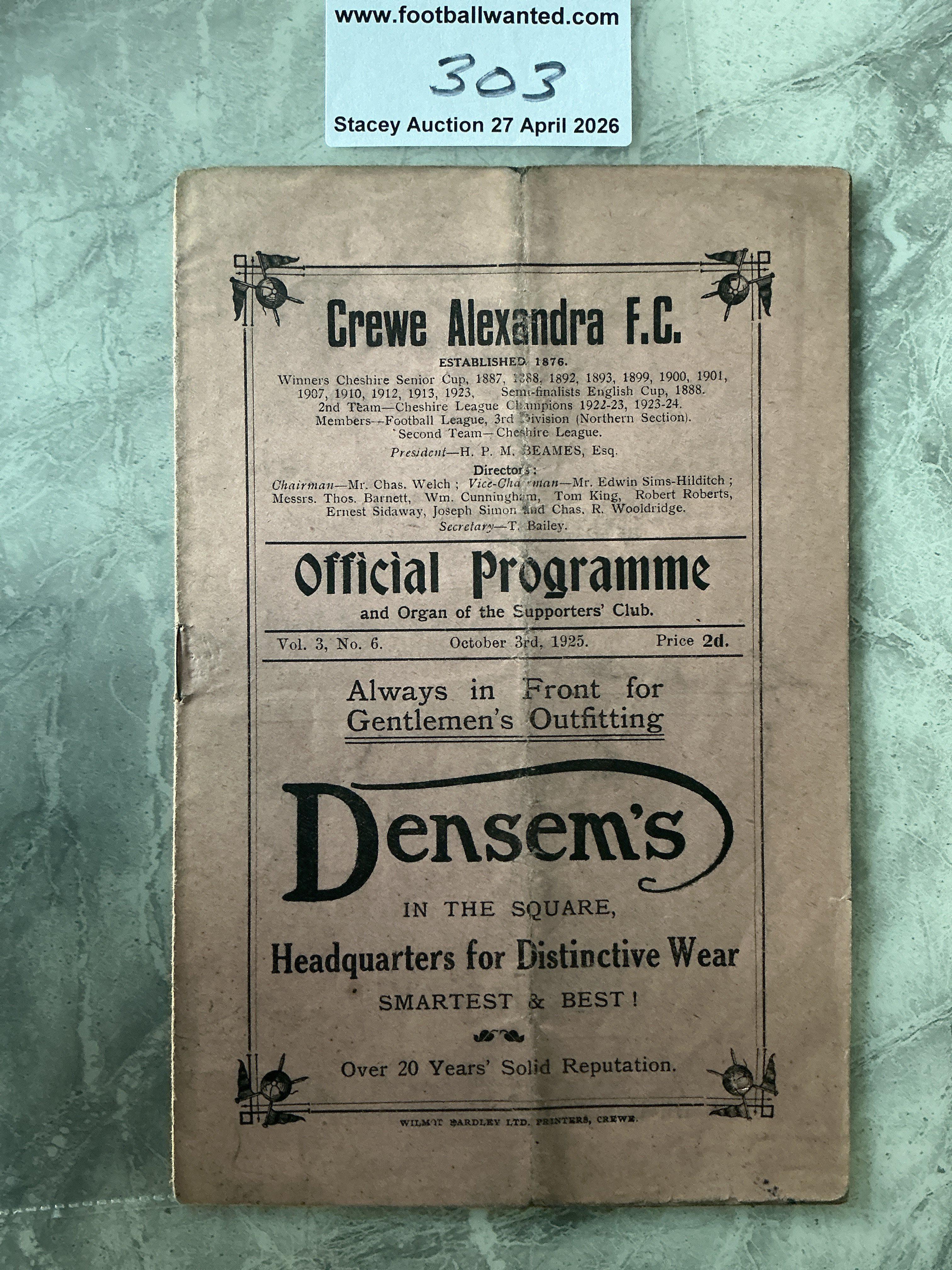 1925 - 1926 Crewe Alexandra v Walsall Football Programme: Good condition with no team changes. Fold. 