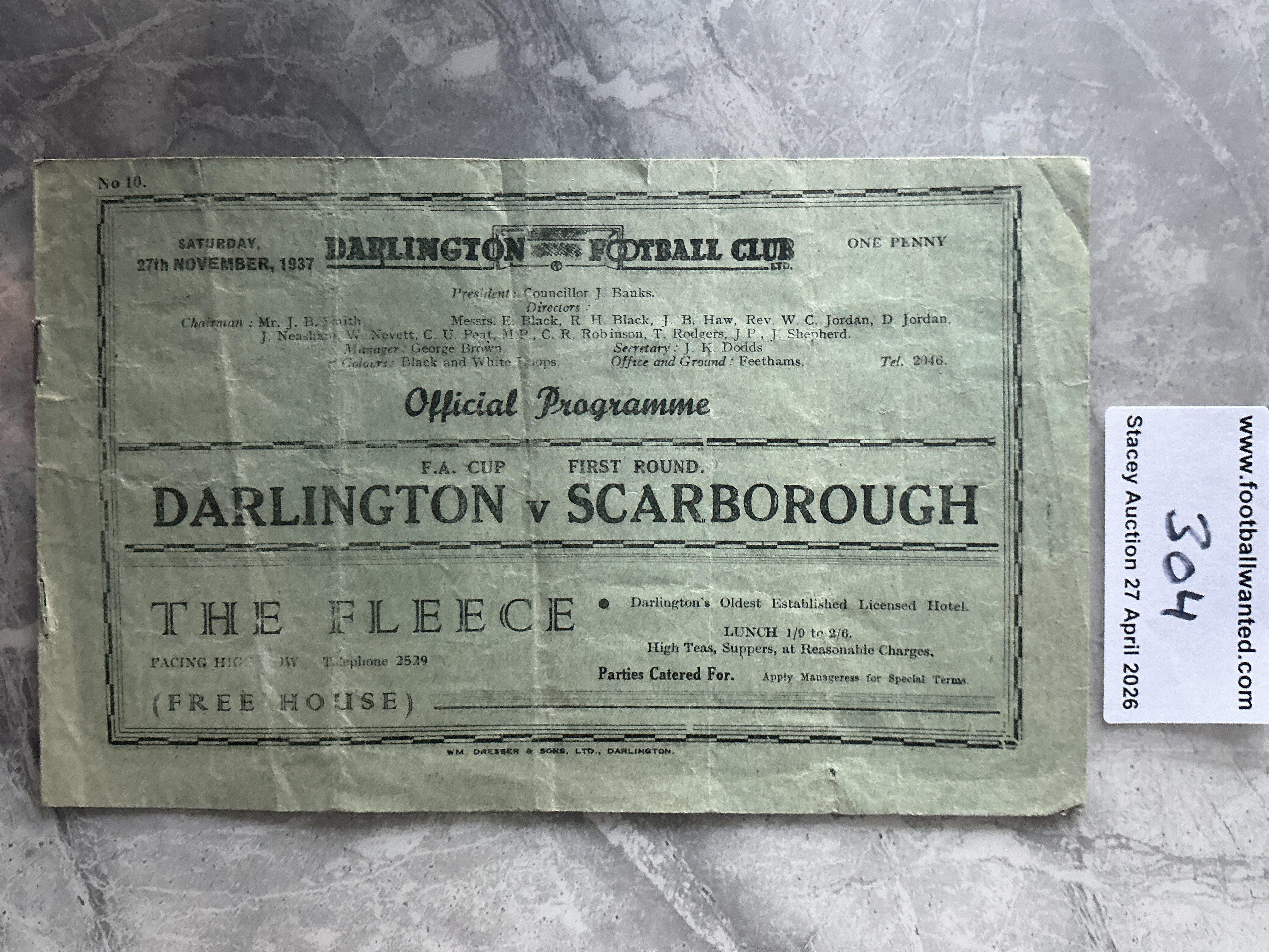 1937 - 1938 Darlington v Scarborough FA Cup Football Programme: Fair/good condition with no team changes. Slight wear to fold at rear. 