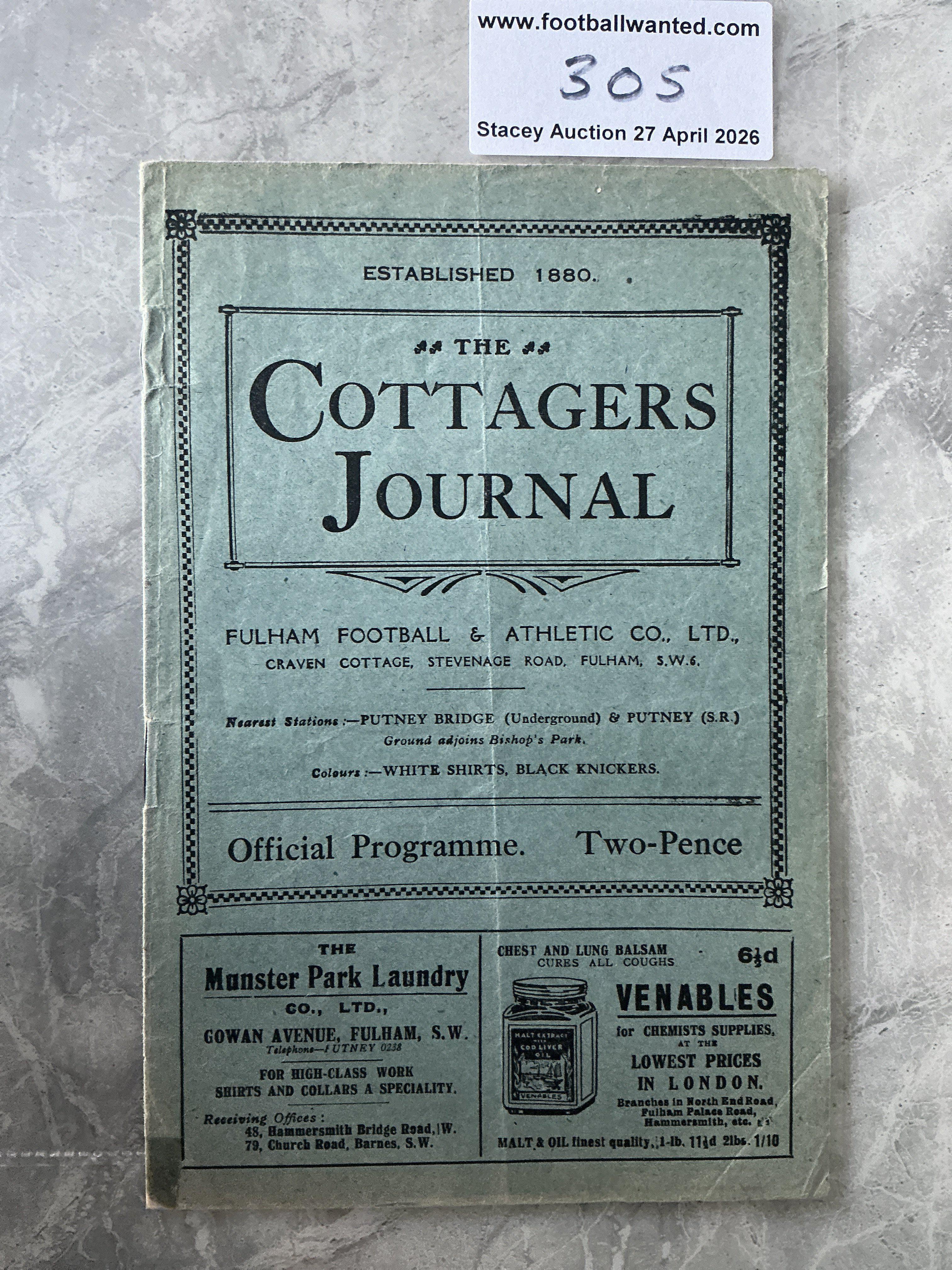 1926 - 1927 Fulham v Middlesbrough Football Programme: Good condition with no team changes. Fold and couple of tiny pieces of tape to rear.