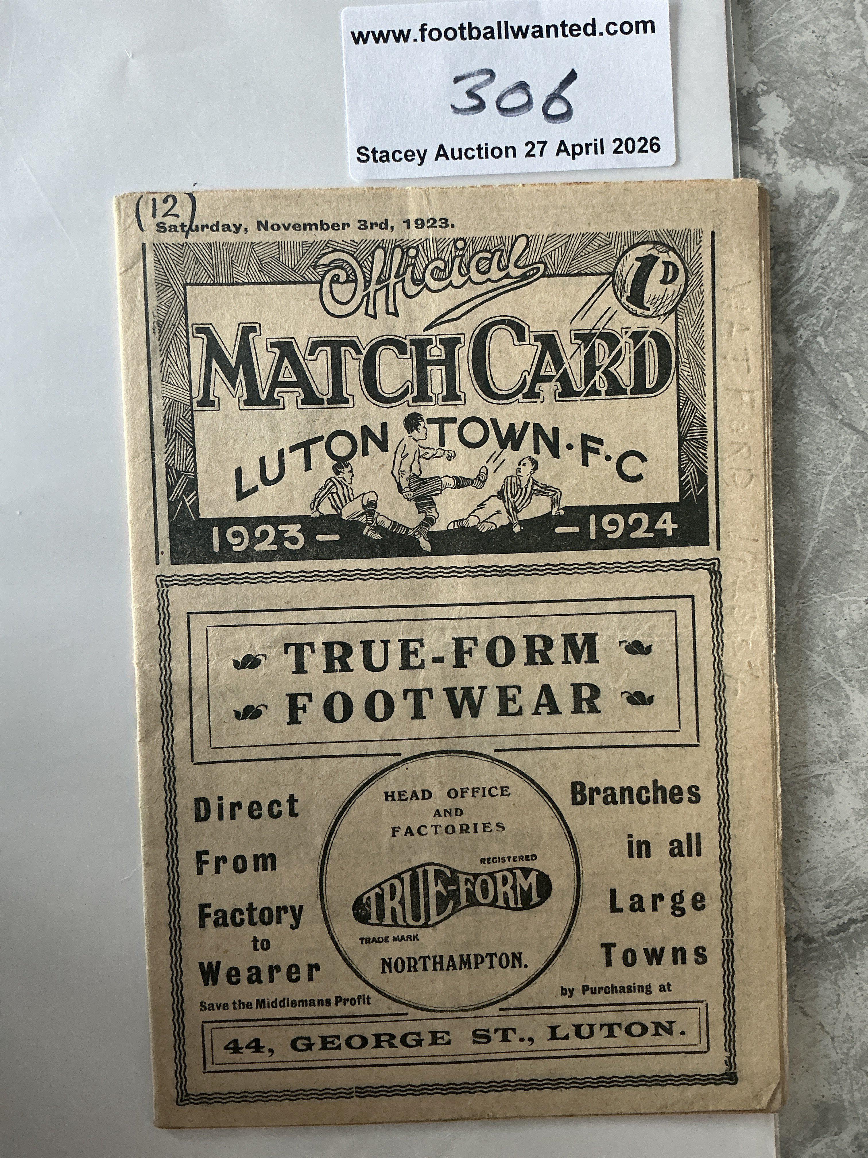 1923 - 1924 Luton v Watford Football Programme: Good condition with team changes. Number written to cover.