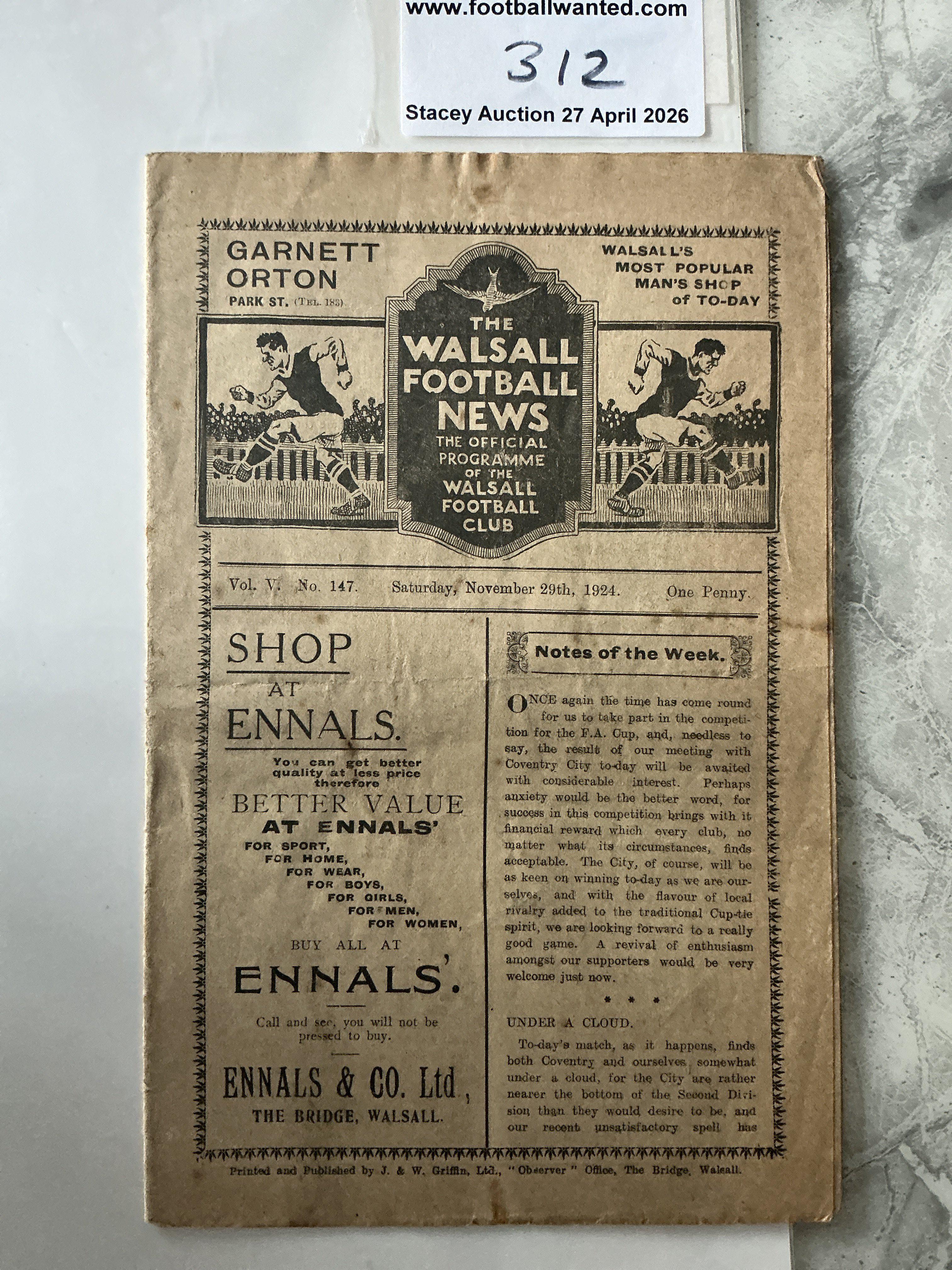 1924 - 1925 Walsall v Coventry City FA Cup Football Programme: Good condition with no team changes. 